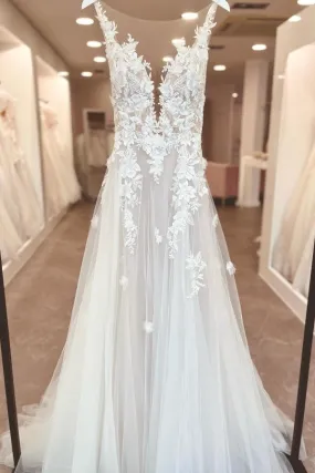 A-Line V-neck Chiffon Lace Open Back Long Wedding Dresses With Slit