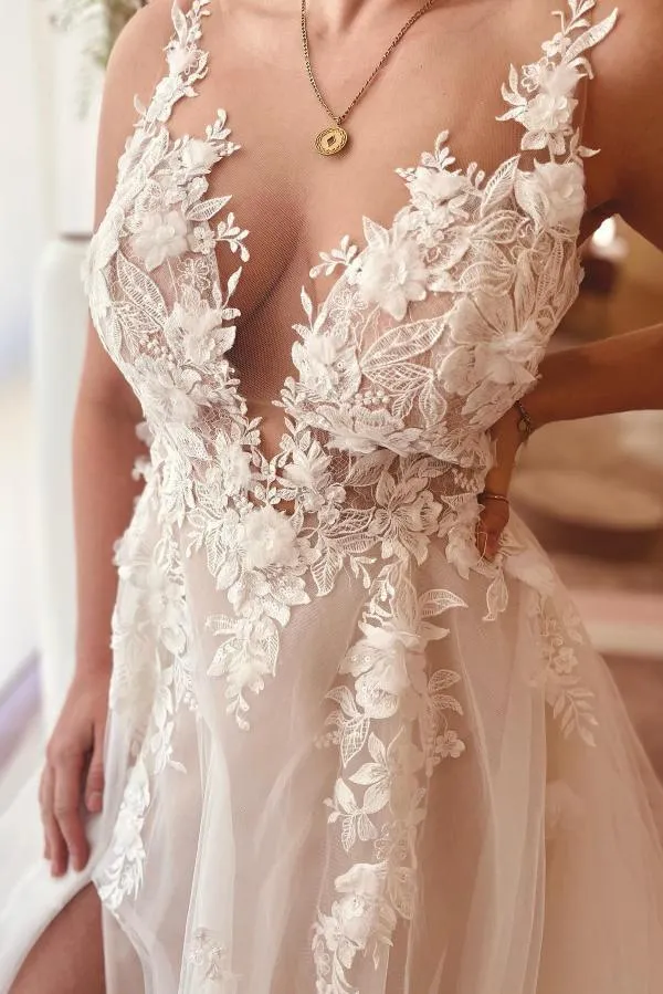 A-Line V-neck Chiffon Lace Open Back Long Wedding Dresses With Slit