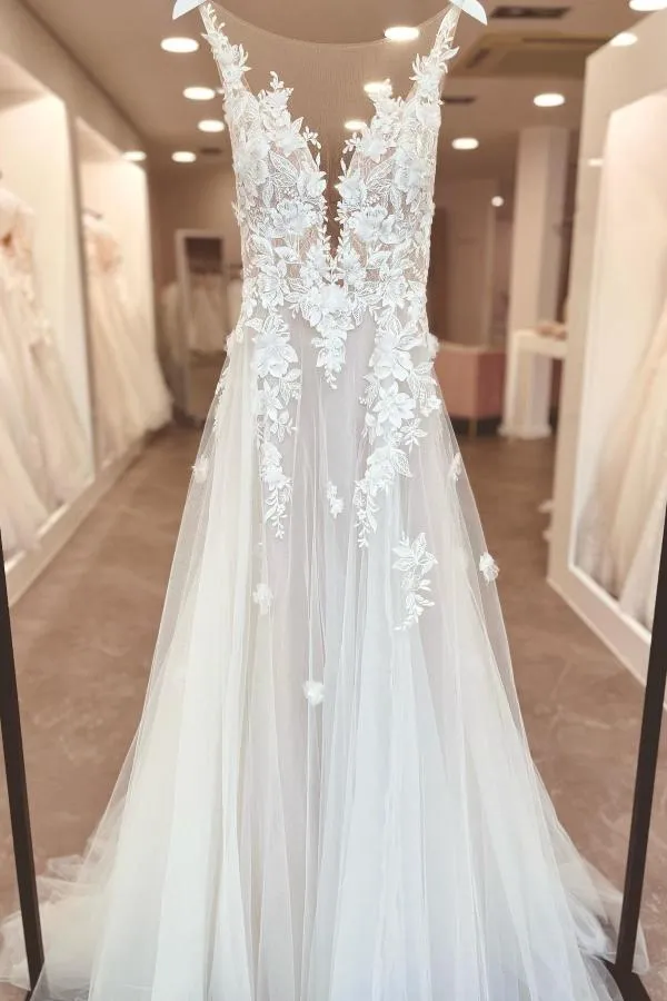 A-Line V-neck Chiffon Lace Open Back Long Wedding Dresses With Slit