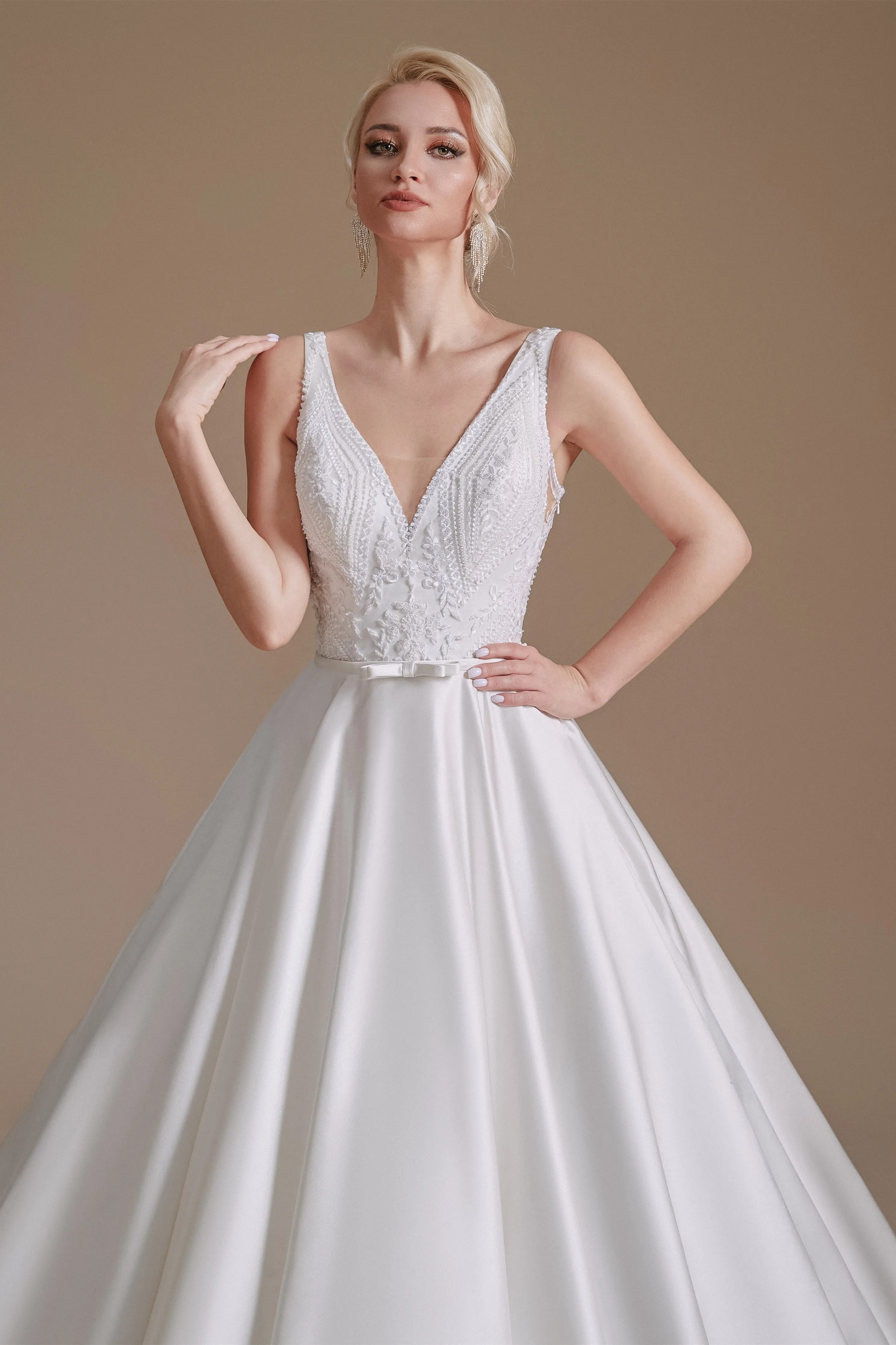 A Line V Neck Floor Length Applique Wedding Dress | Showprettydress Design