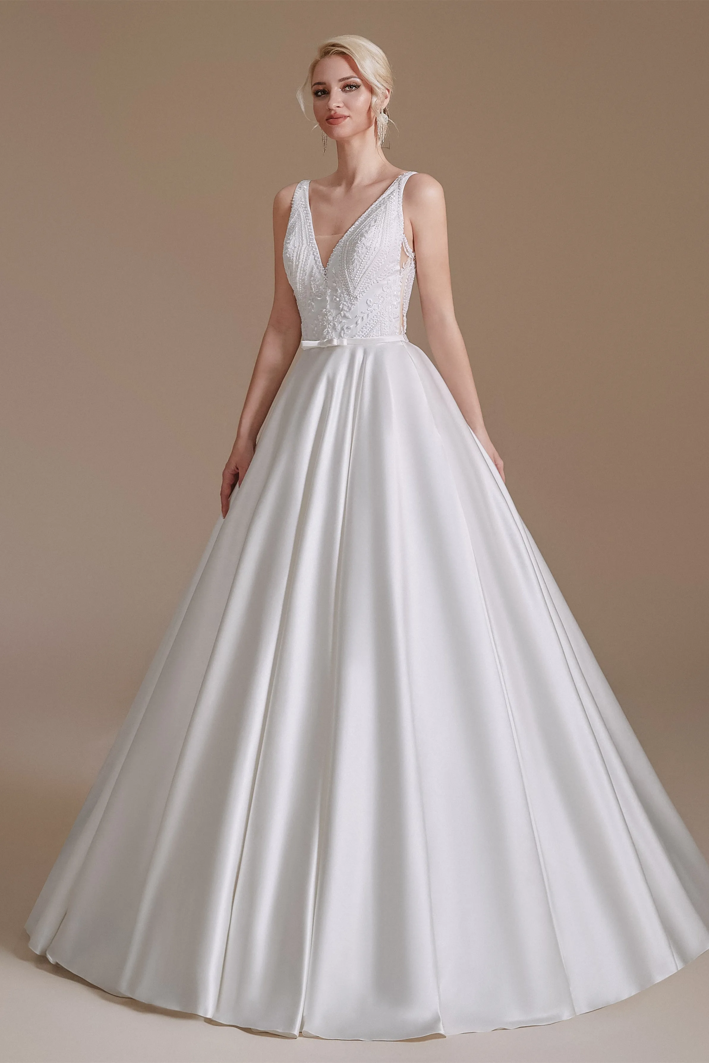 A Line V Neck Floor Length Applique Wedding Dress | Showprettydress Design