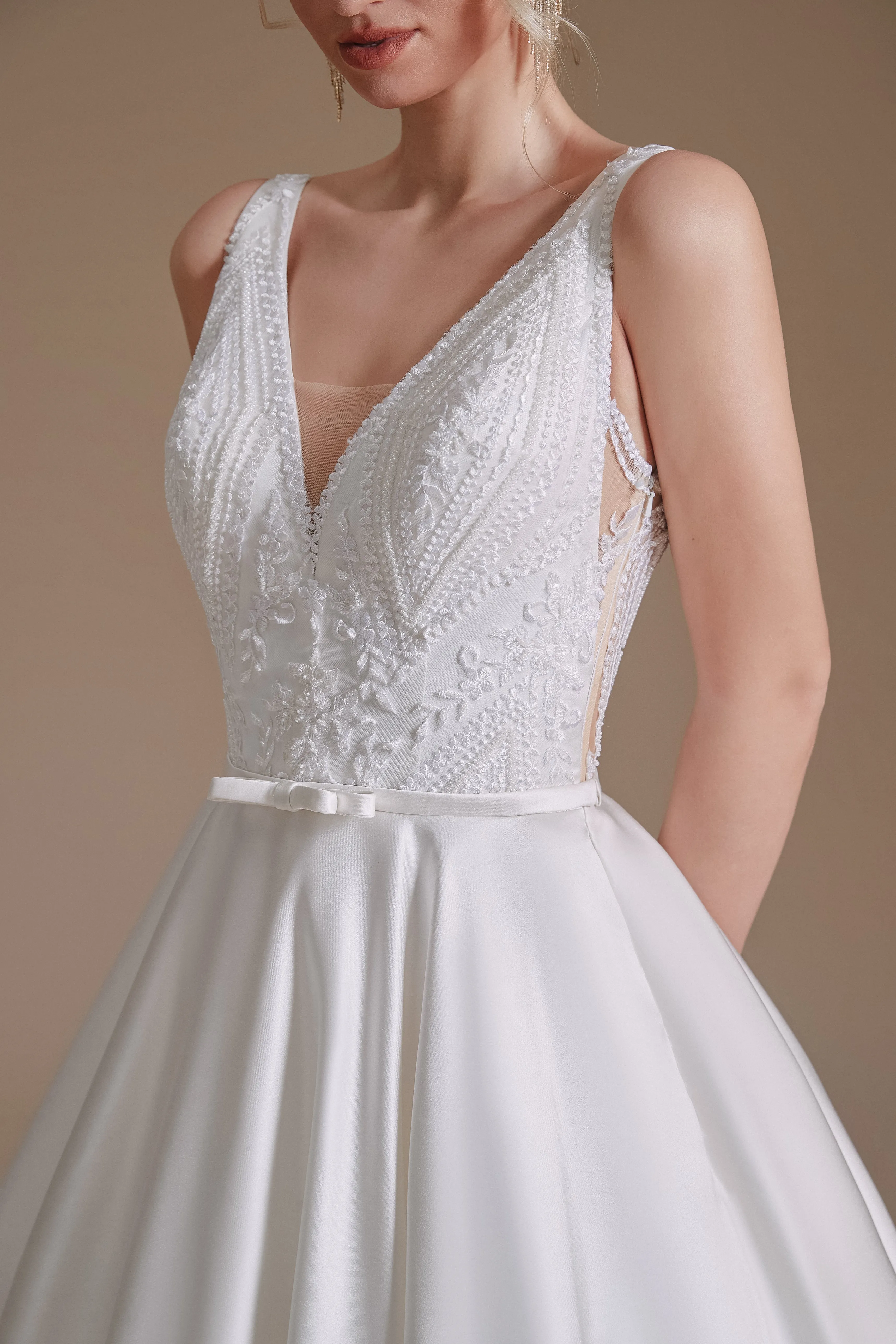 A Line V Neck Floor Length Applique Wedding Dress | Showprettydress Design