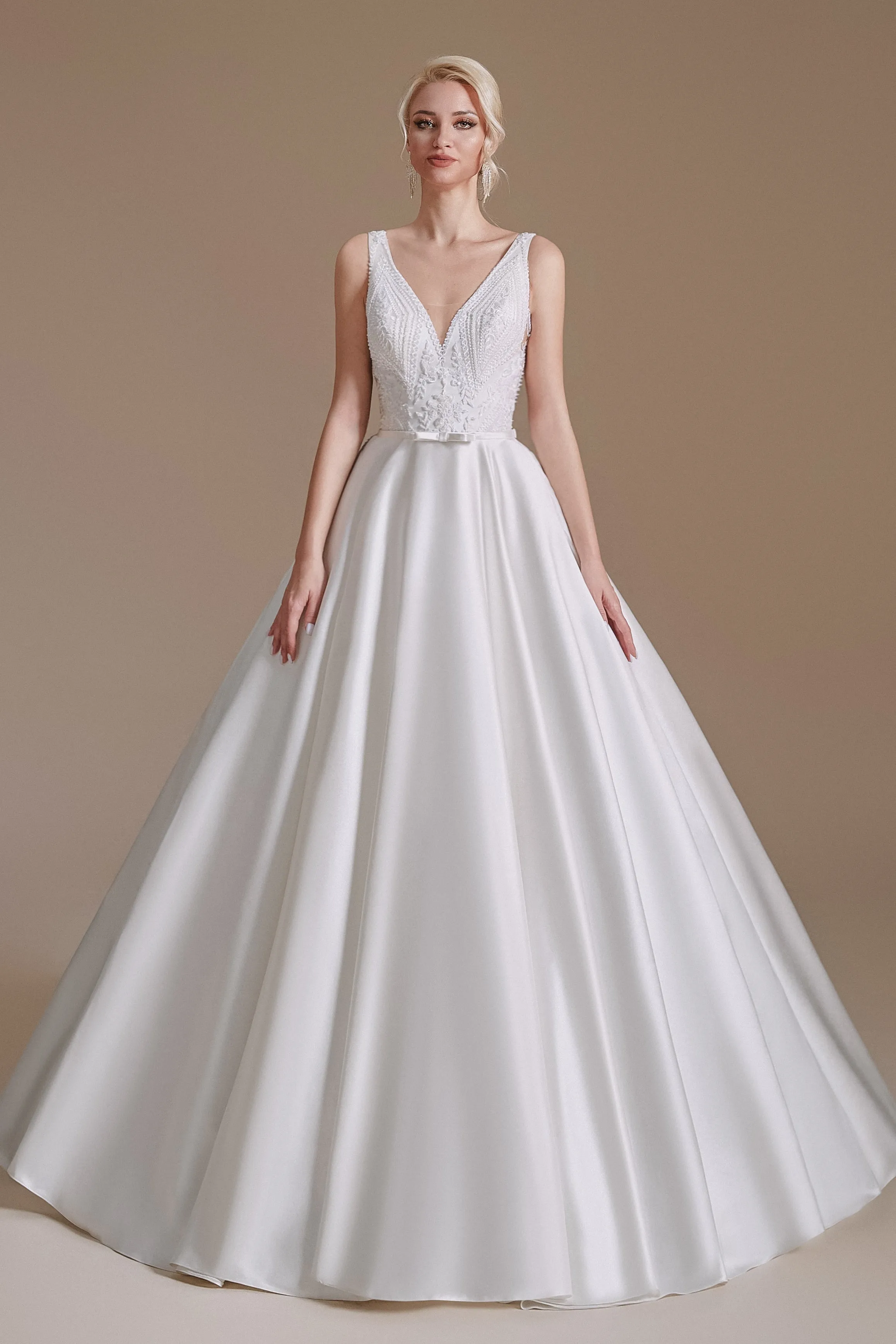 A Line V Neck Floor Length Applique Wedding Dress | Showprettydress Design