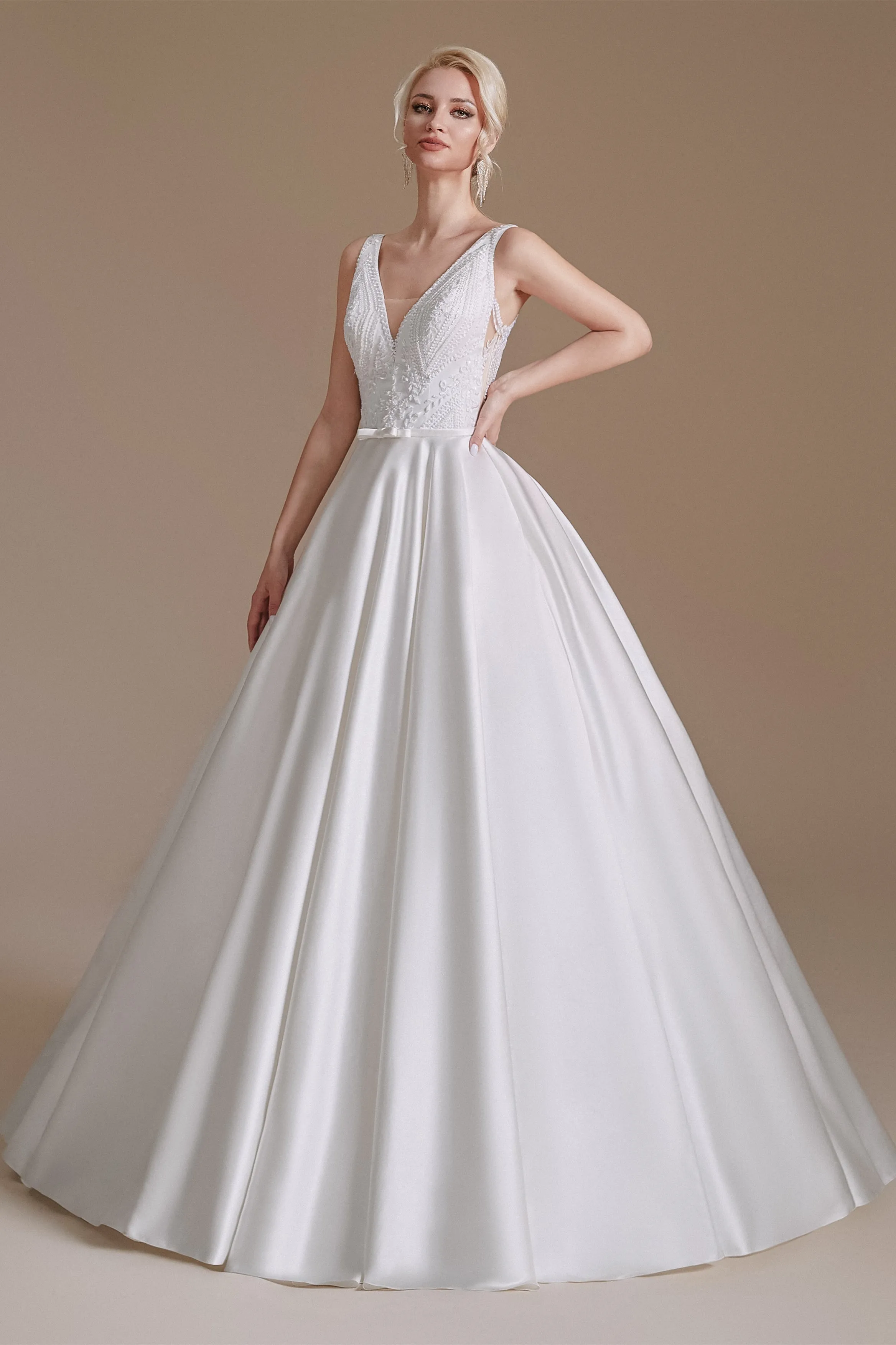 A Line V Neck Floor Length Applique Wedding Dress | Showprettydress Design