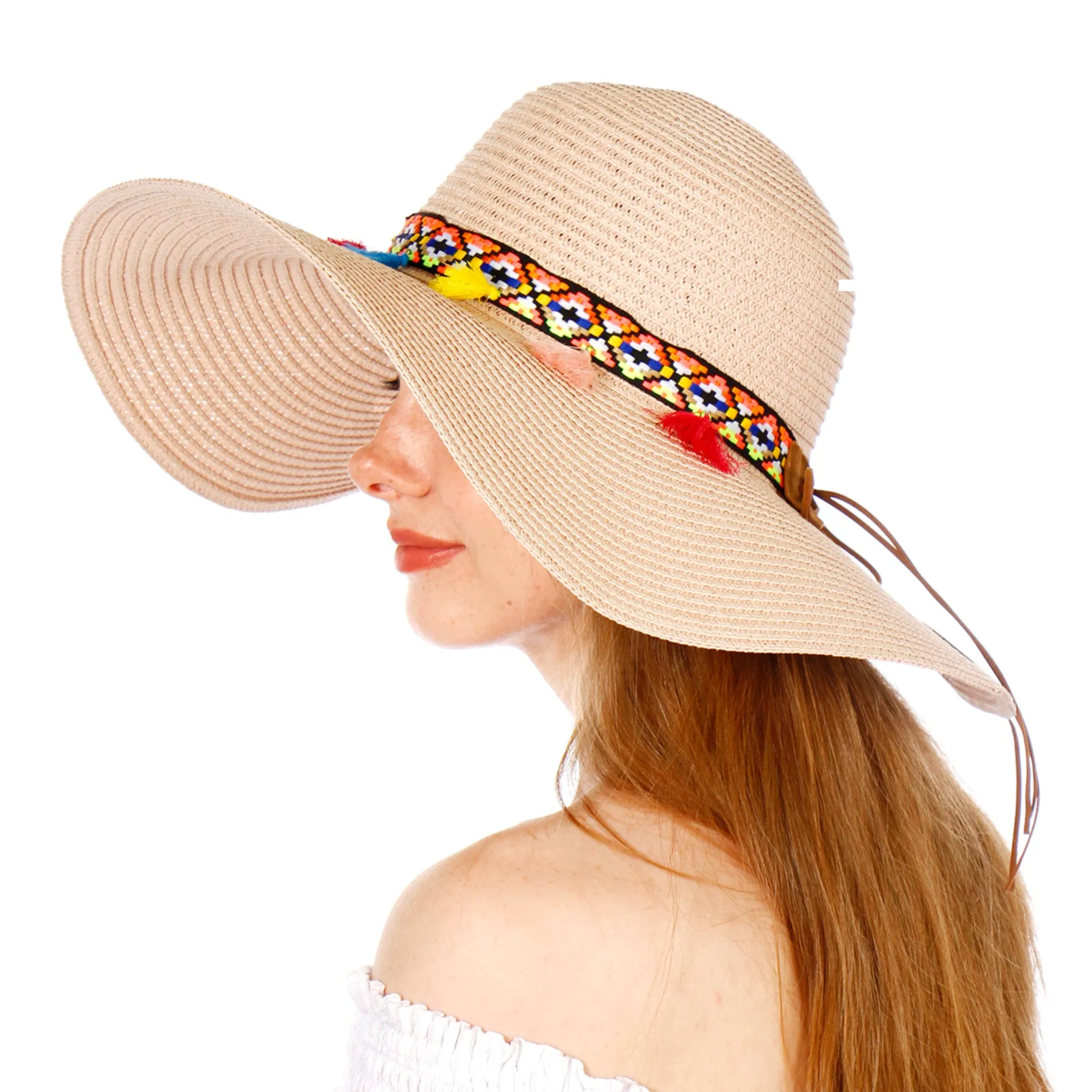 A&O Women's Wide Brim Colorful Tribal Band with Tassels Paper Floppy Sun Hat