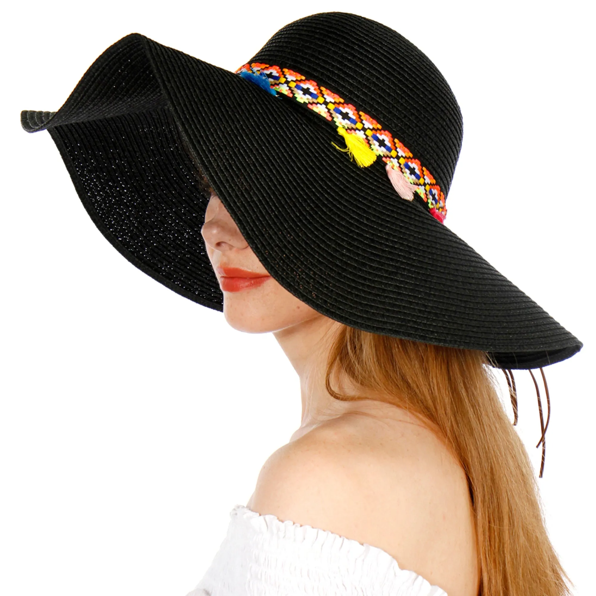 A&O Women's Wide Brim Colorful Tribal Band with Tassels Paper Floppy Sun Hat