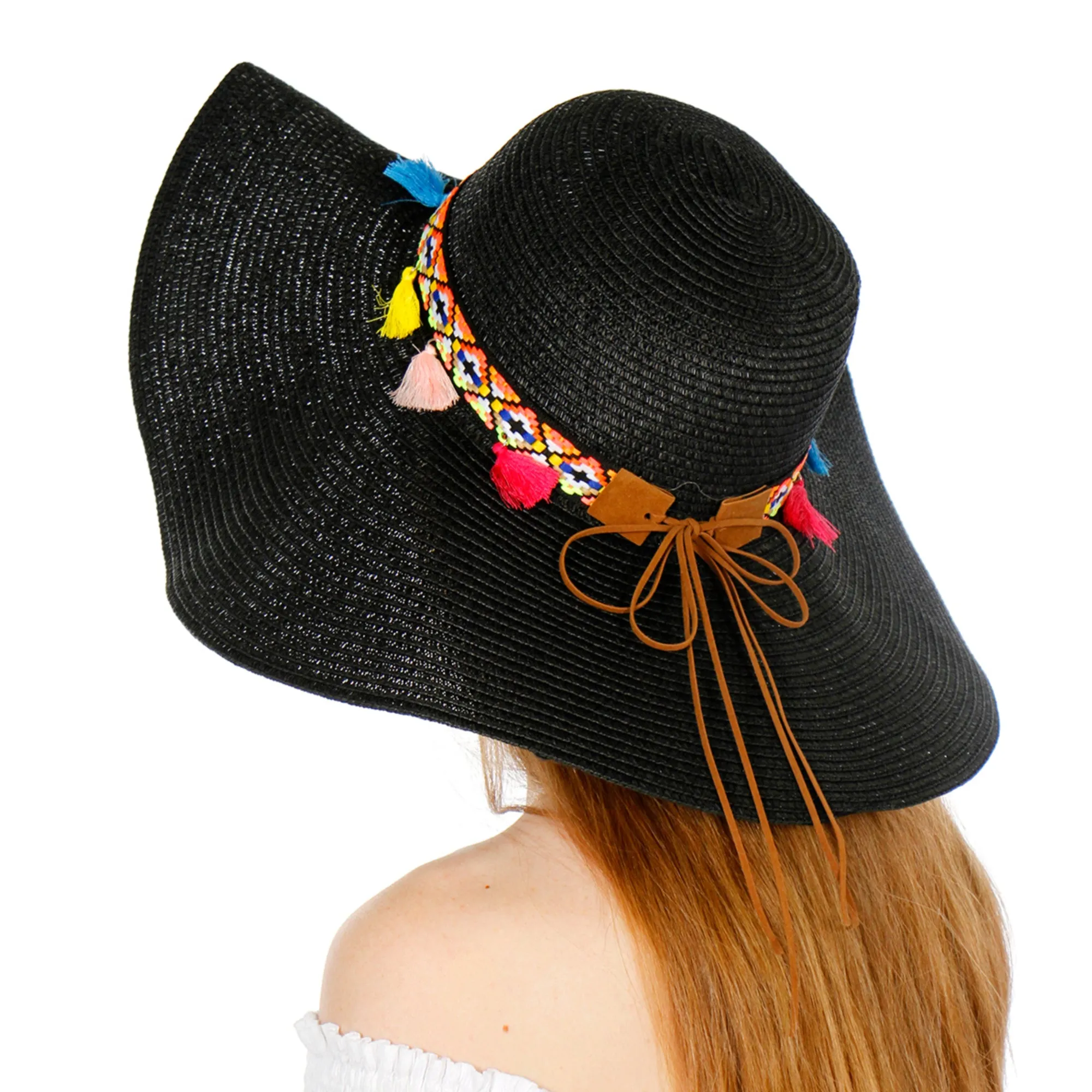 A&O Women's Wide Brim Colorful Tribal Band with Tassels Paper Floppy Sun Hat