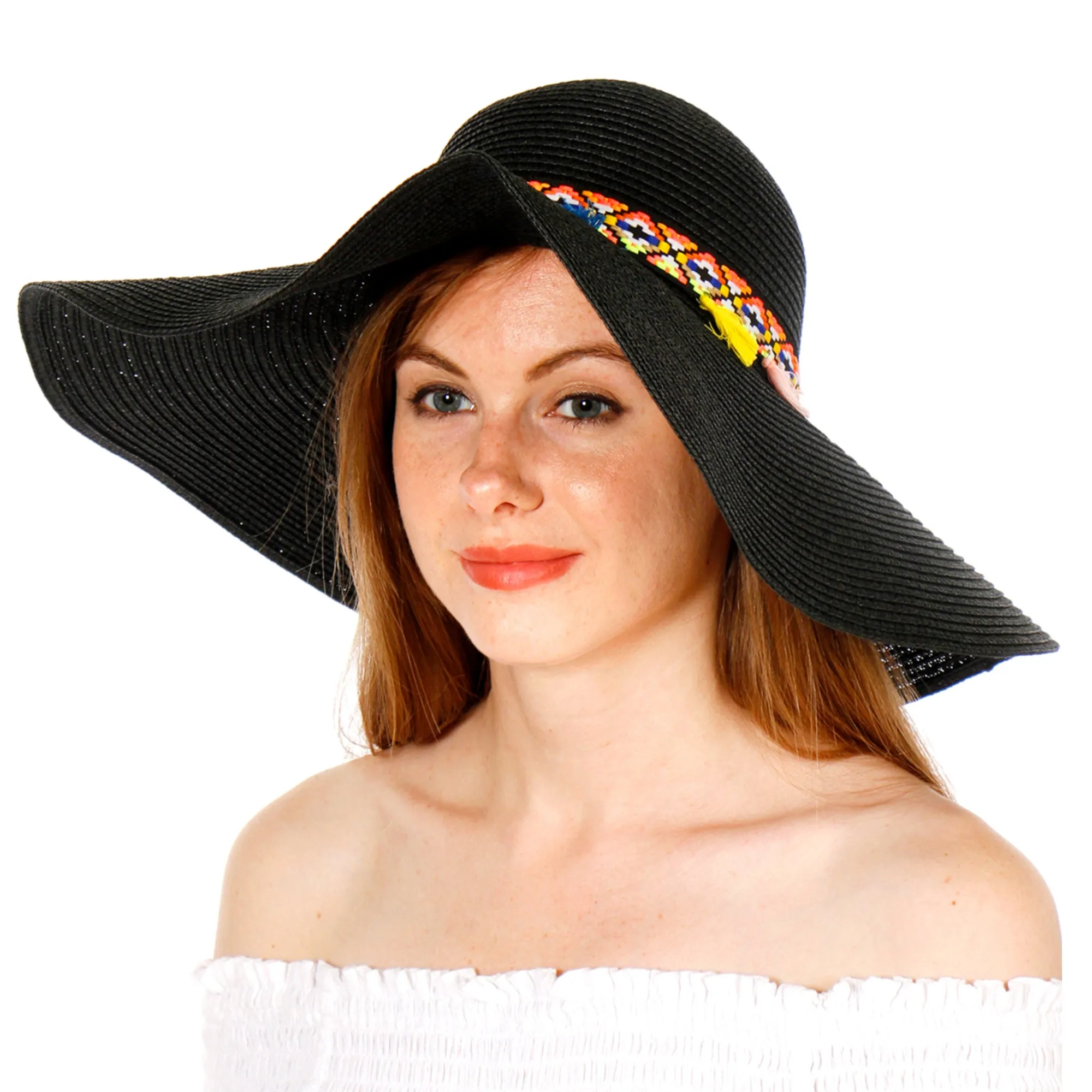 A&O Women's Wide Brim Colorful Tribal Band with Tassels Paper Floppy Sun Hat