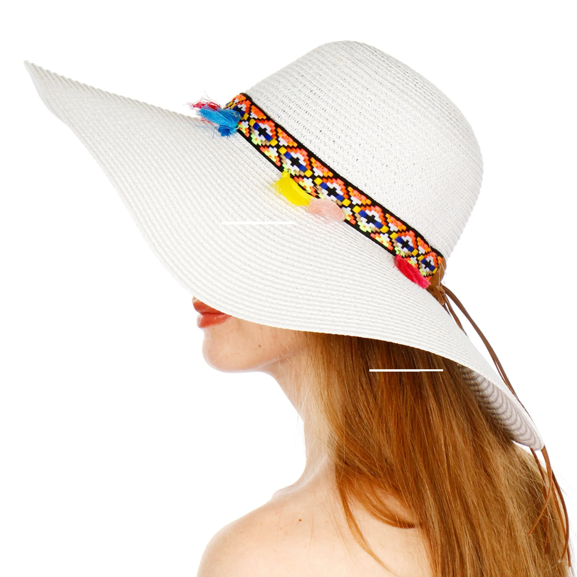 A&O Women's Wide Brim Colorful Tribal Band with Tassels Paper Floppy Sun Hat