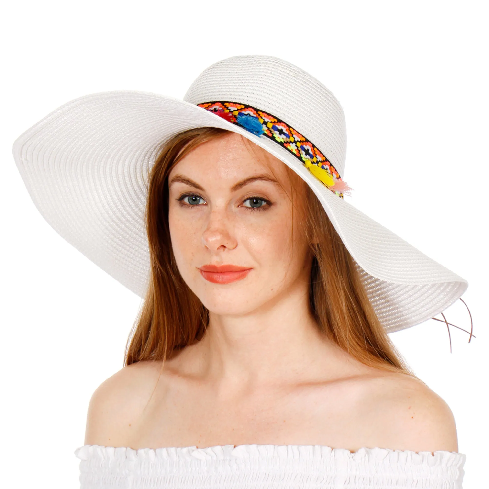 A&O Women's Wide Brim Colorful Tribal Band with Tassels Paper Floppy Sun Hat