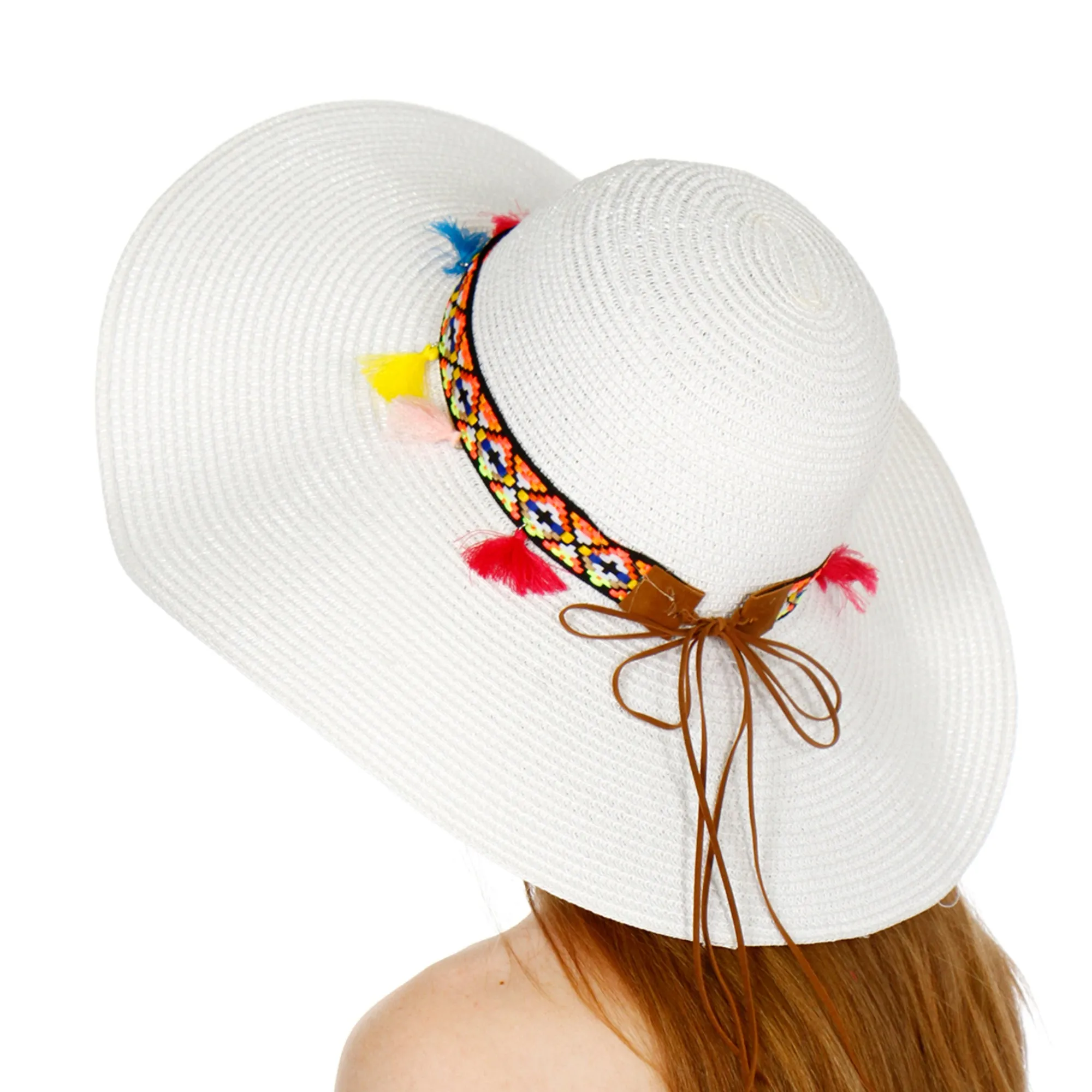 A&O Women's Wide Brim Colorful Tribal Band with Tassels Paper Floppy Sun Hat