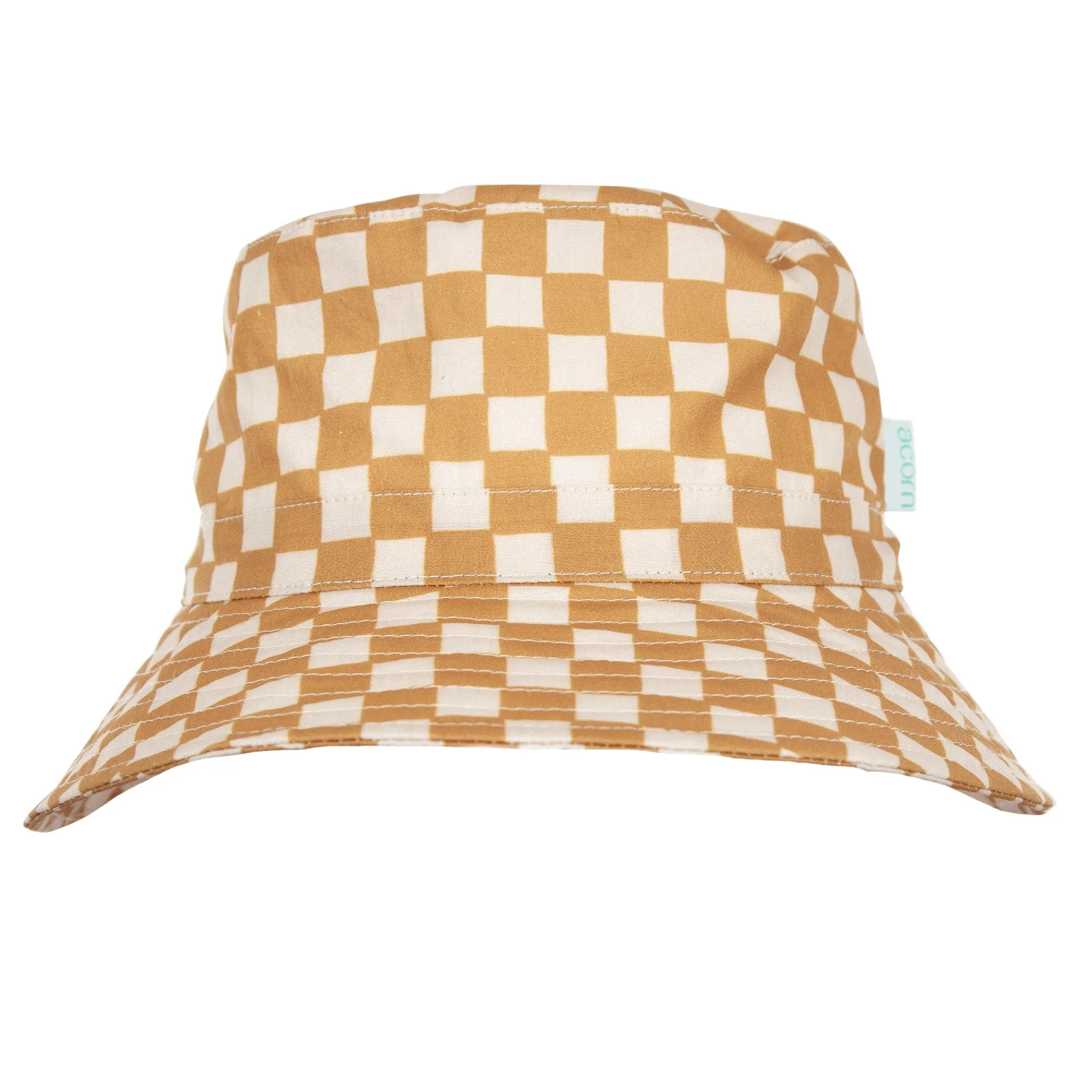 ACORN KIDS - CHECKMATE WIDE BRIM BUCKET HAT: CARAMEL AND CREAM