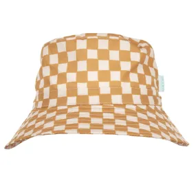 ACORN KIDS - CHECKMATE WIDE BRIM BUCKET HAT: CARAMEL AND CREAM