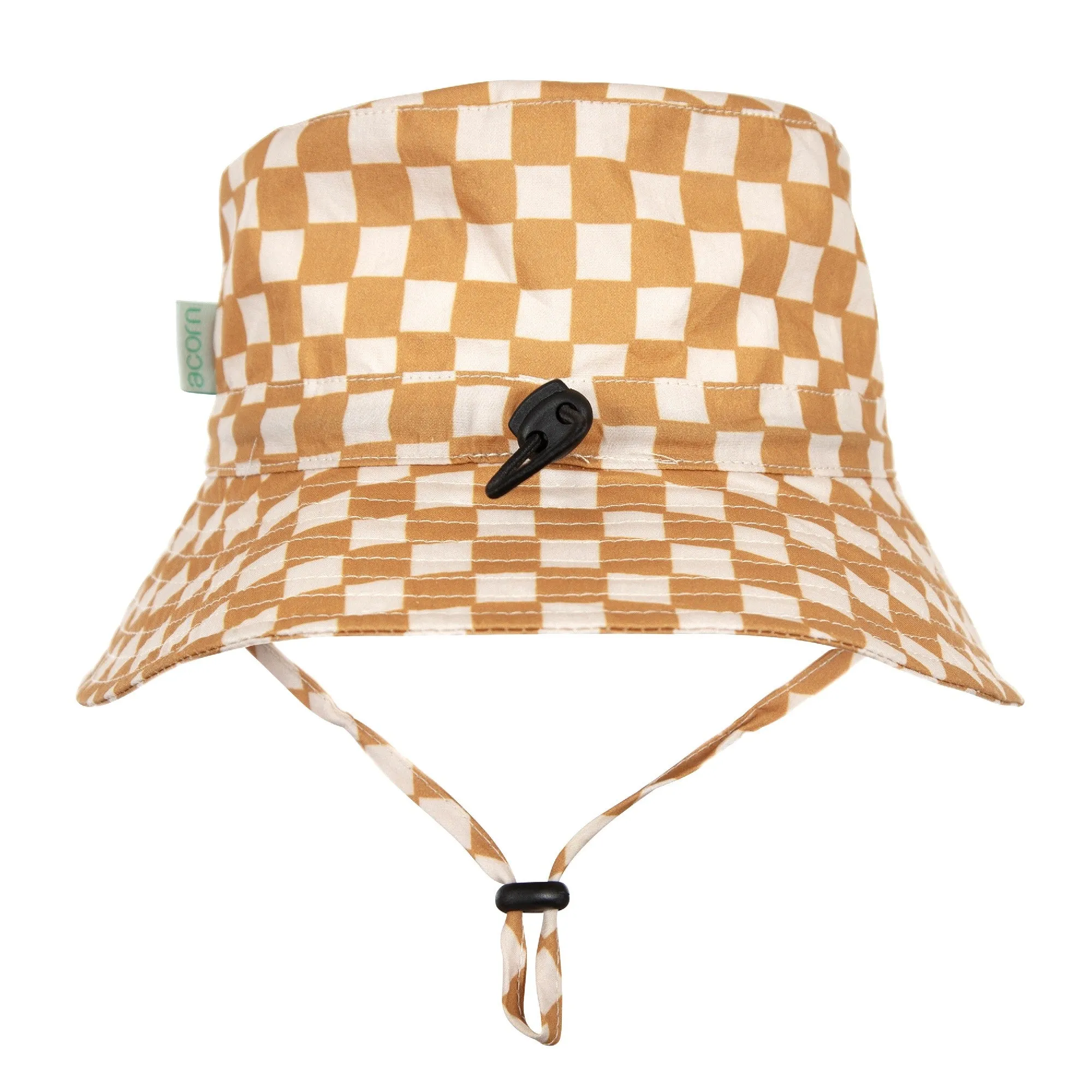 ACORN KIDS - CHECKMATE WIDE BRIM BUCKET HAT: CARAMEL AND CREAM