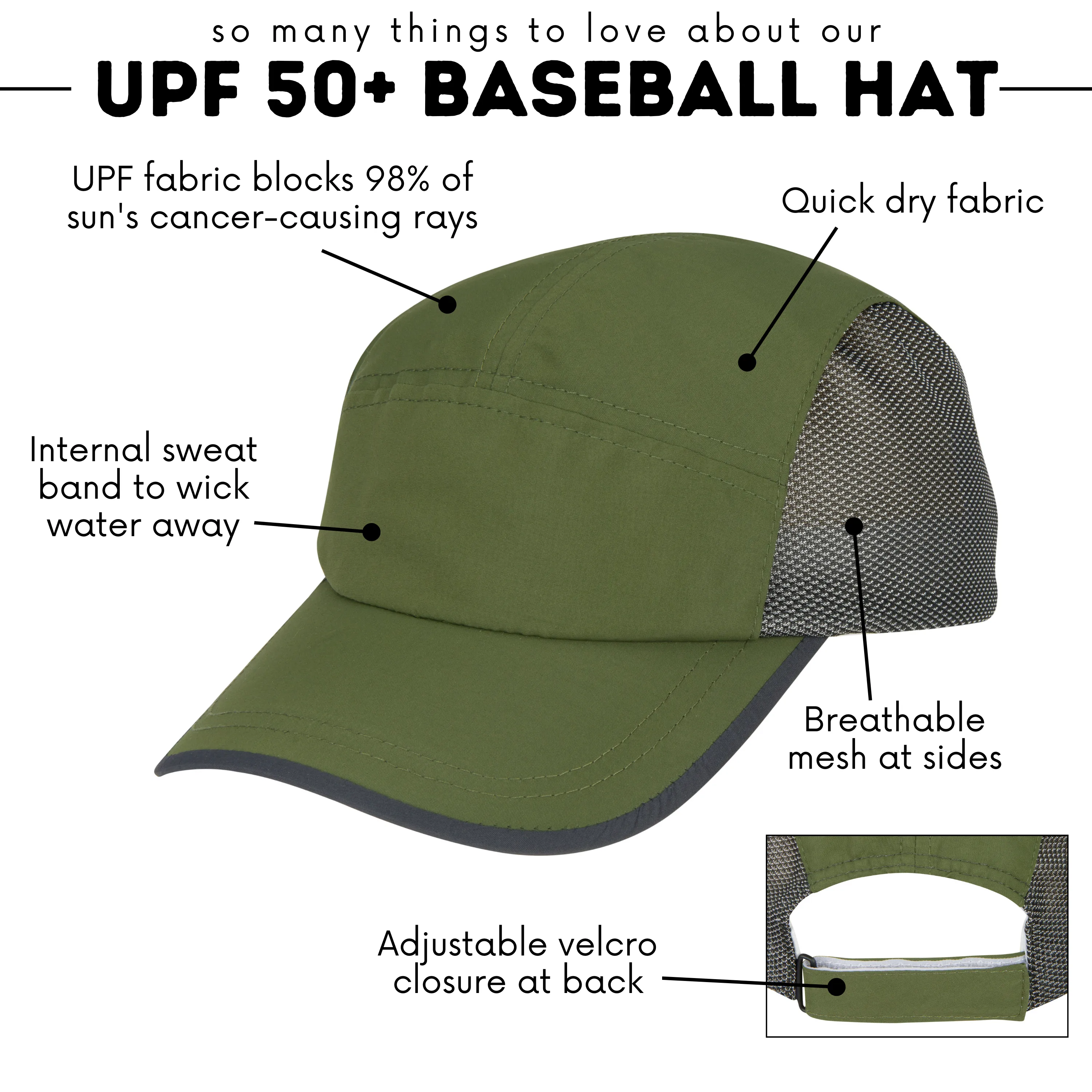 Adjustable UPF Baseball Hat - one-size fits all | Olive