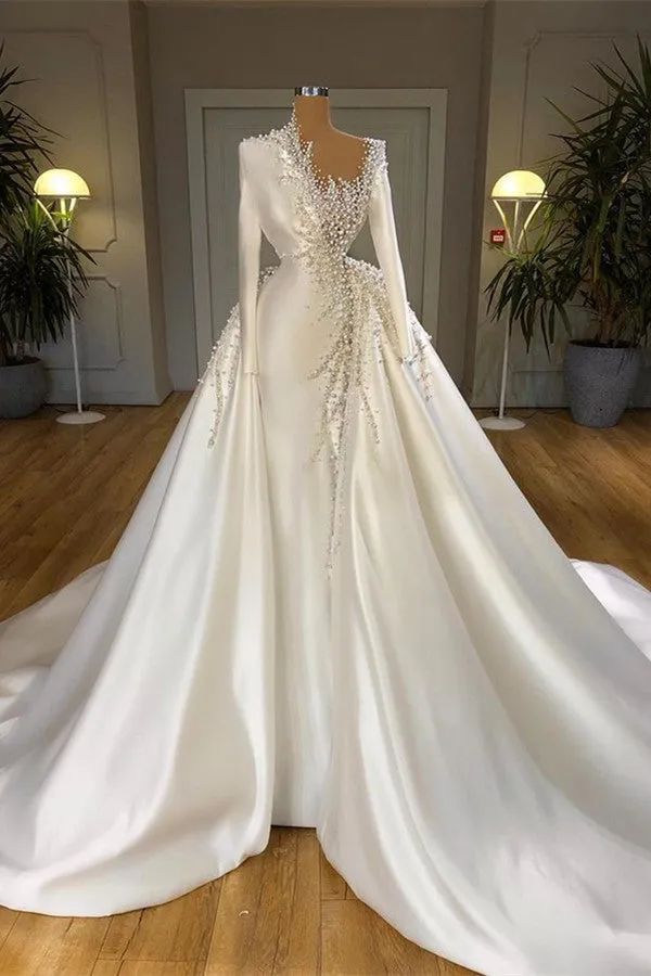 Amazing Pearls Wedding Dresses Mermaid With Detachable Train Long Sleeves