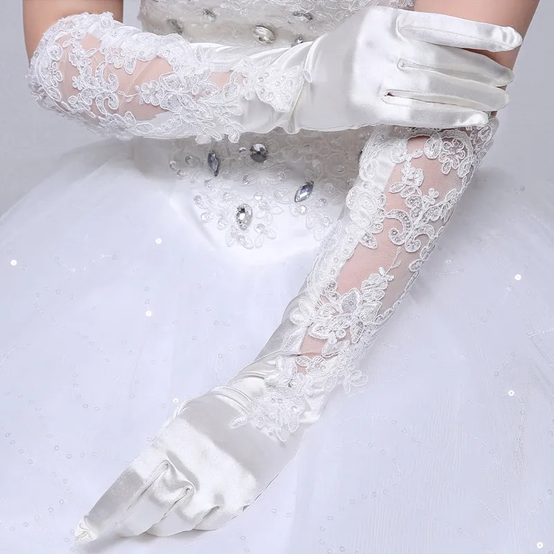 Bridal Gloves, White Satin Long Full Finger Bridal Gloves, Lace Wedding Gloves, Wedding Accessory, TYP0555