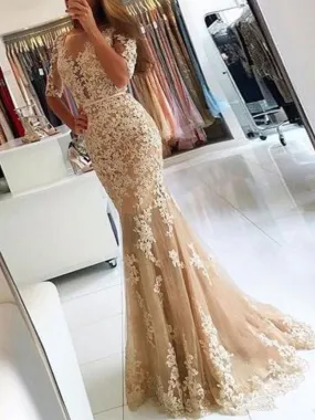 Charming Evening Dress Mermaid Illusion Neckline Lace Applique Formal Party Dresses With Train