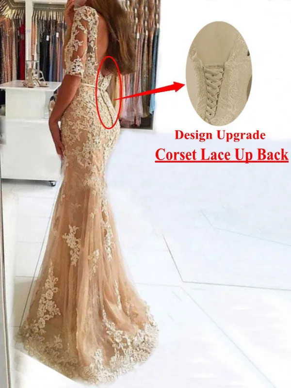 Charming Evening Dress Mermaid Illusion Neckline Lace Applique Formal Party Dresses With Train