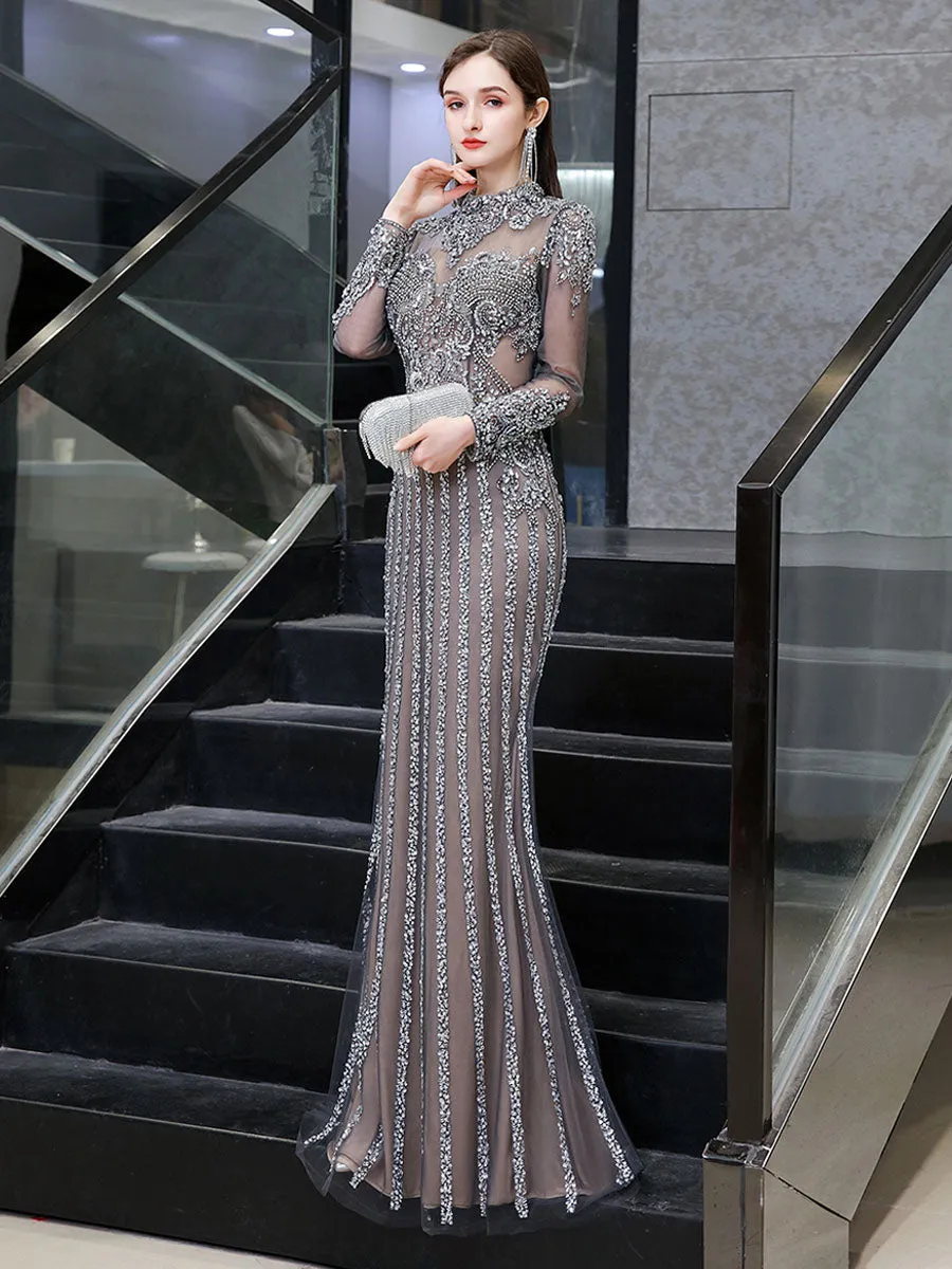 Classic Evening Dresses Mermaid Jewel Long Sleeve Floor Length Formal Dinner Dress