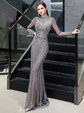 Classic Evening Dresses Mermaid Jewel Long Sleeve Floor Length Formal Dinner Dress