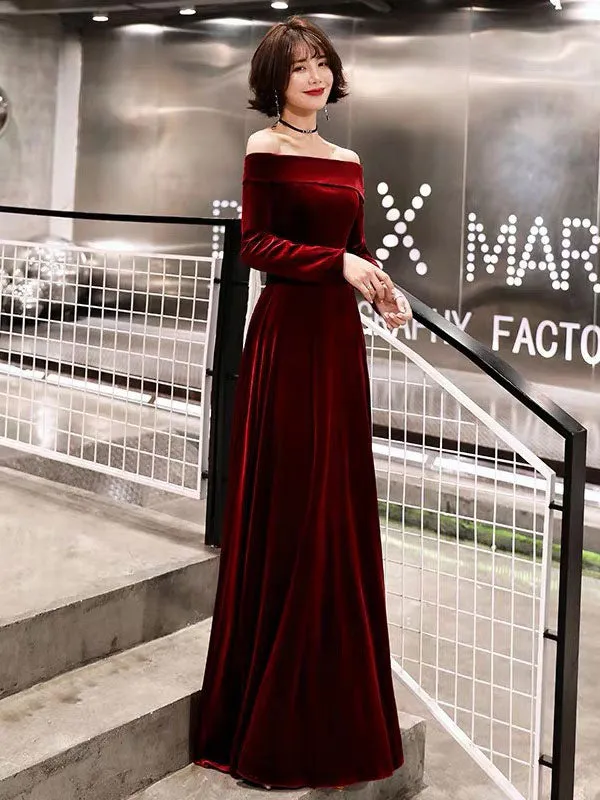 Classic Evening Dresses Velvet Long Sleeve Off Shoulder Maxi Dresses