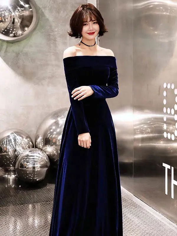 Classic Evening Dresses Velvet Long Sleeve Off Shoulder Maxi Dresses