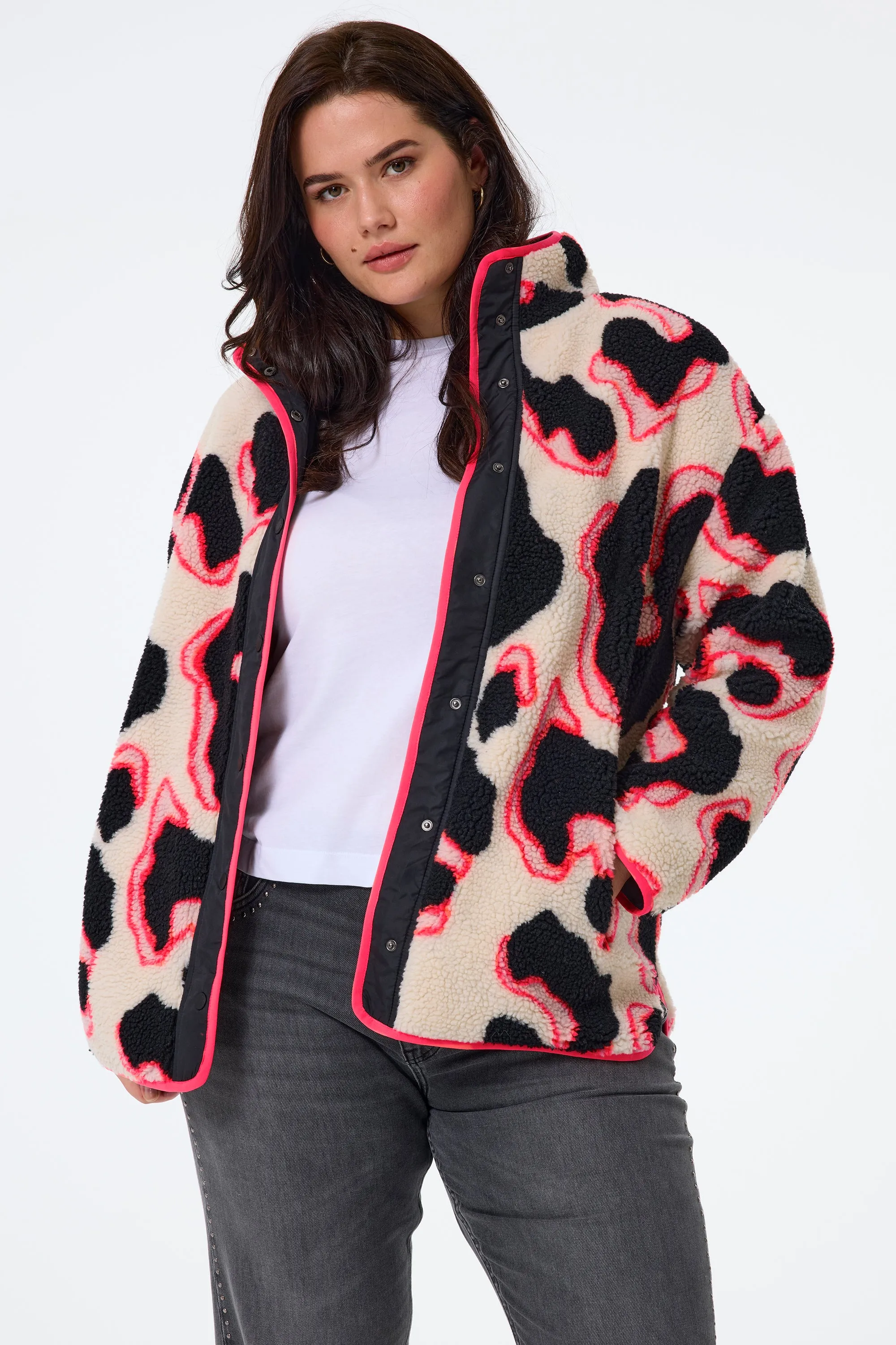 Cream with Coral and Black Mega Shadow Leopard Button Through Fleece Jacket