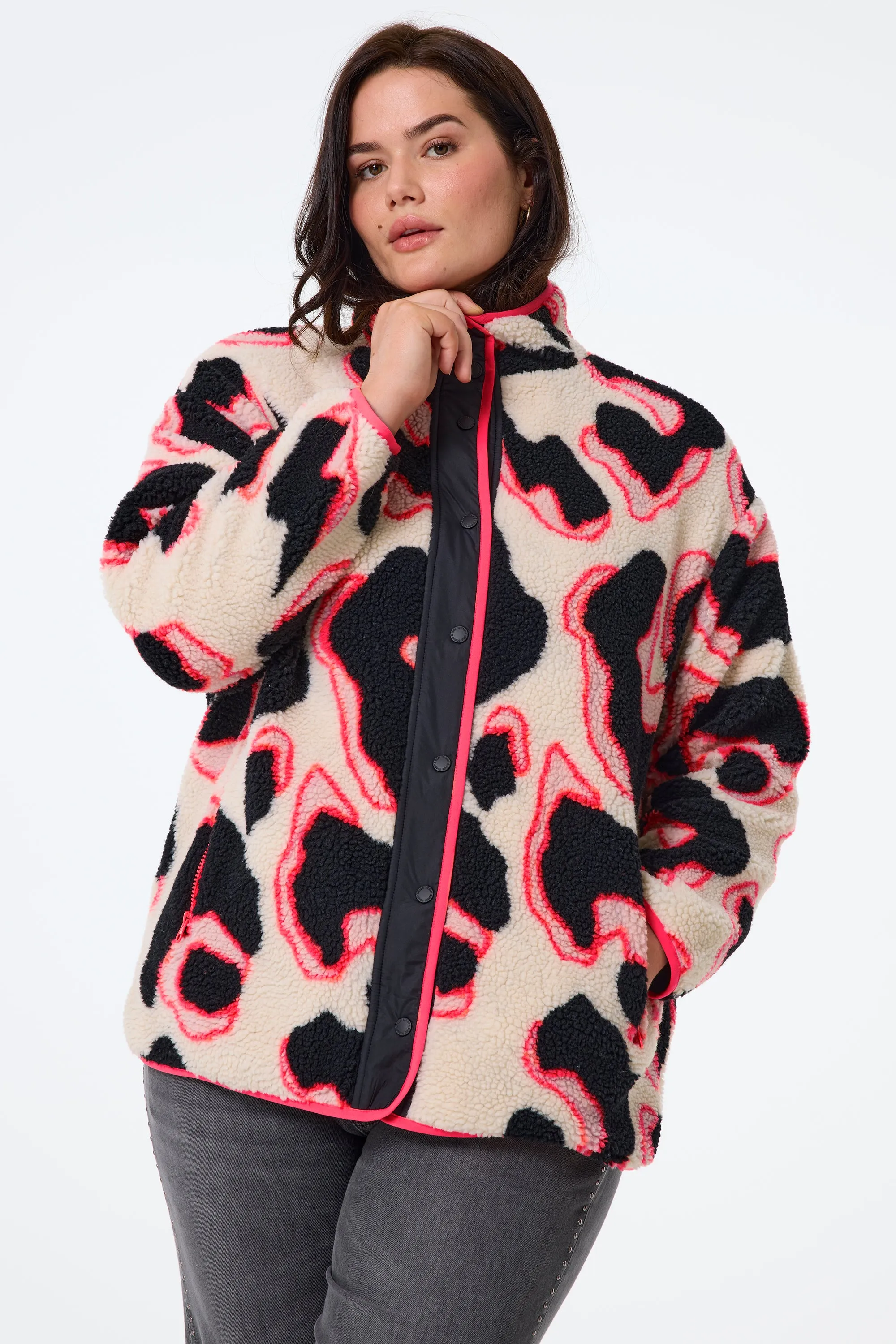 Cream with Coral and Black Mega Shadow Leopard Button Through Fleece Jacket