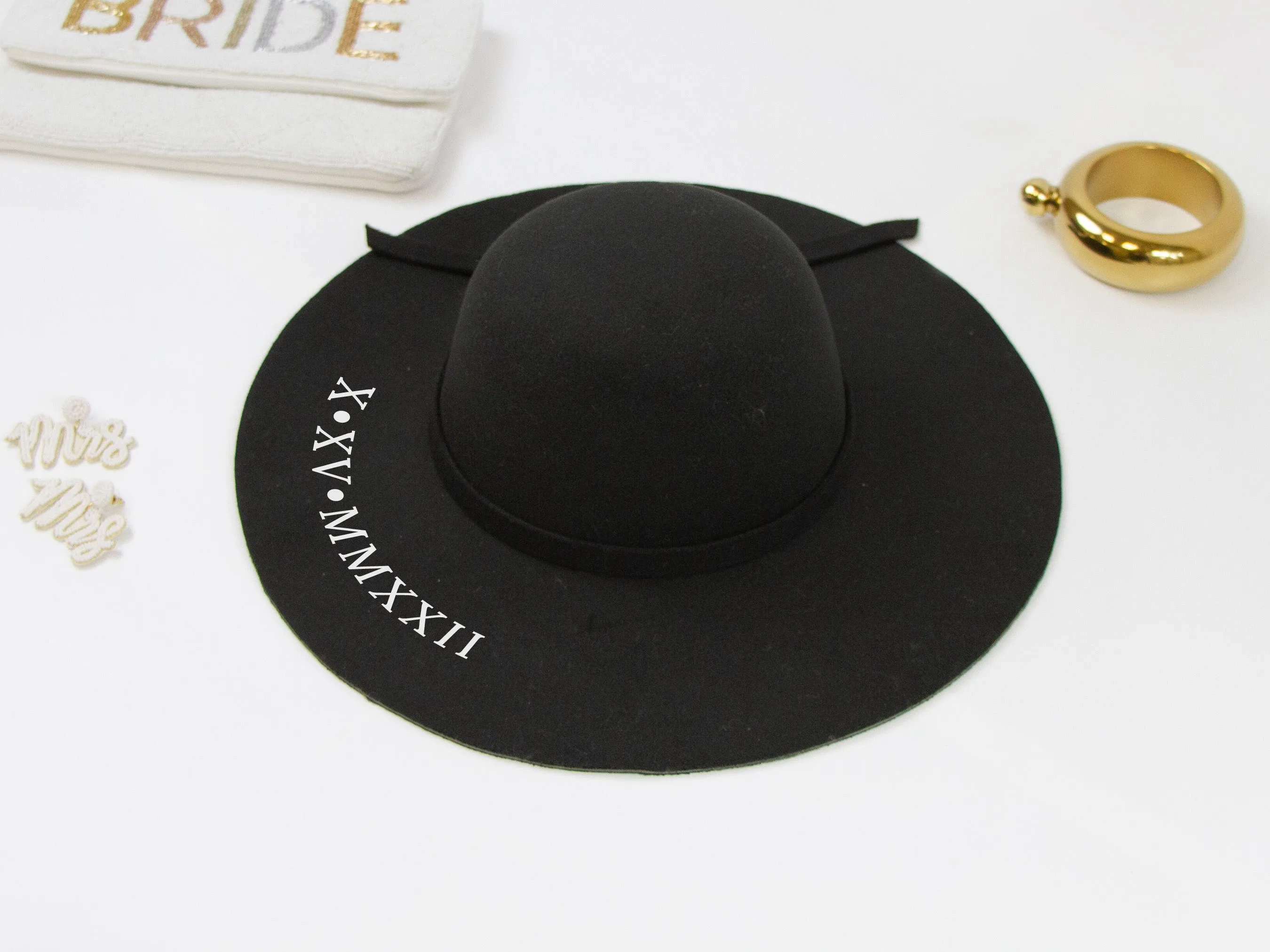 Custom Date Wedding Black Felt Floppy Hat