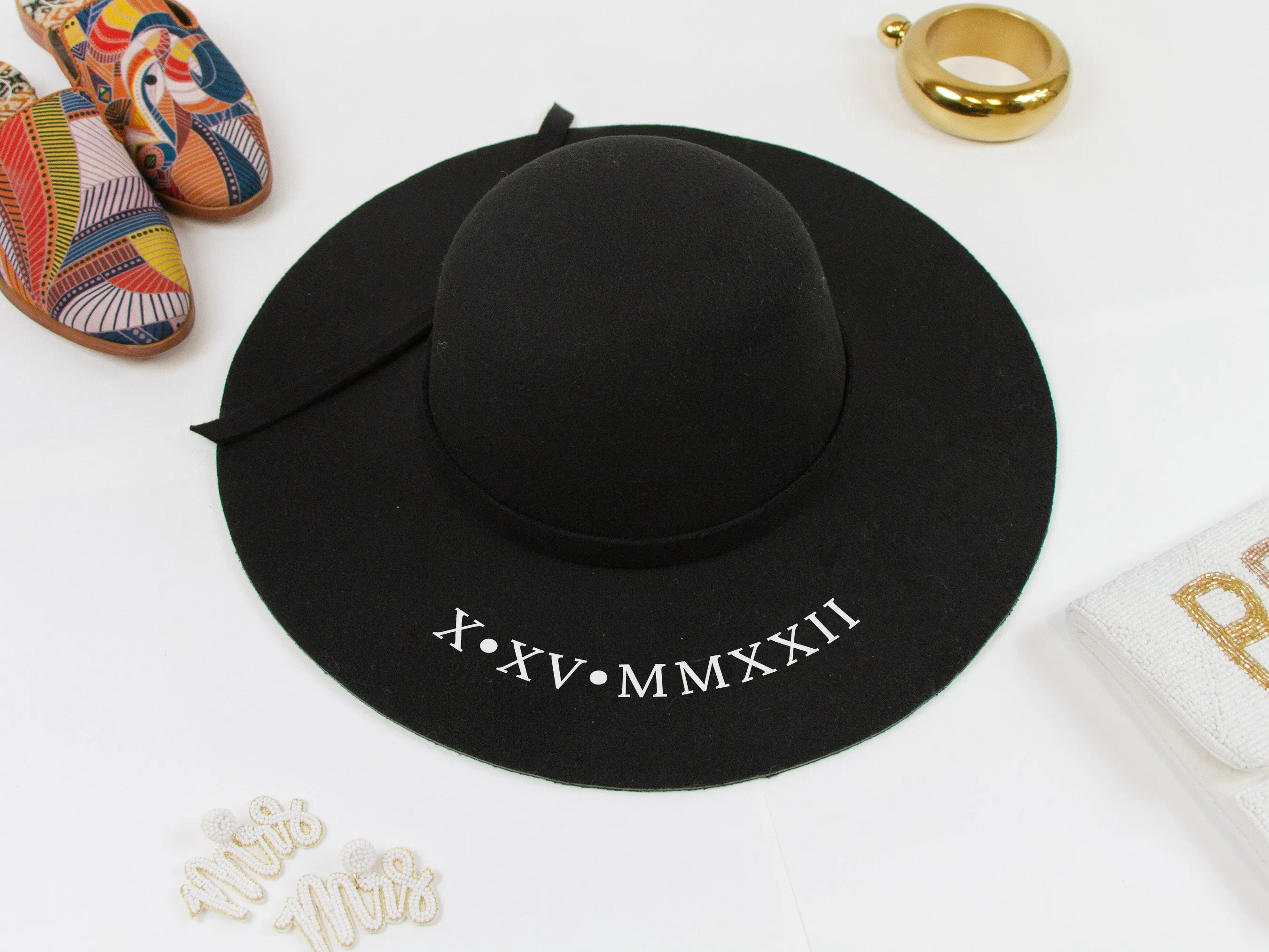 Custom Date Wedding Black Felt Floppy Hat