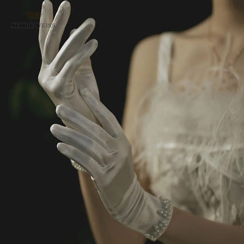 Elegant Satin Short Bridal Gloves Beaded Wedding Gloves