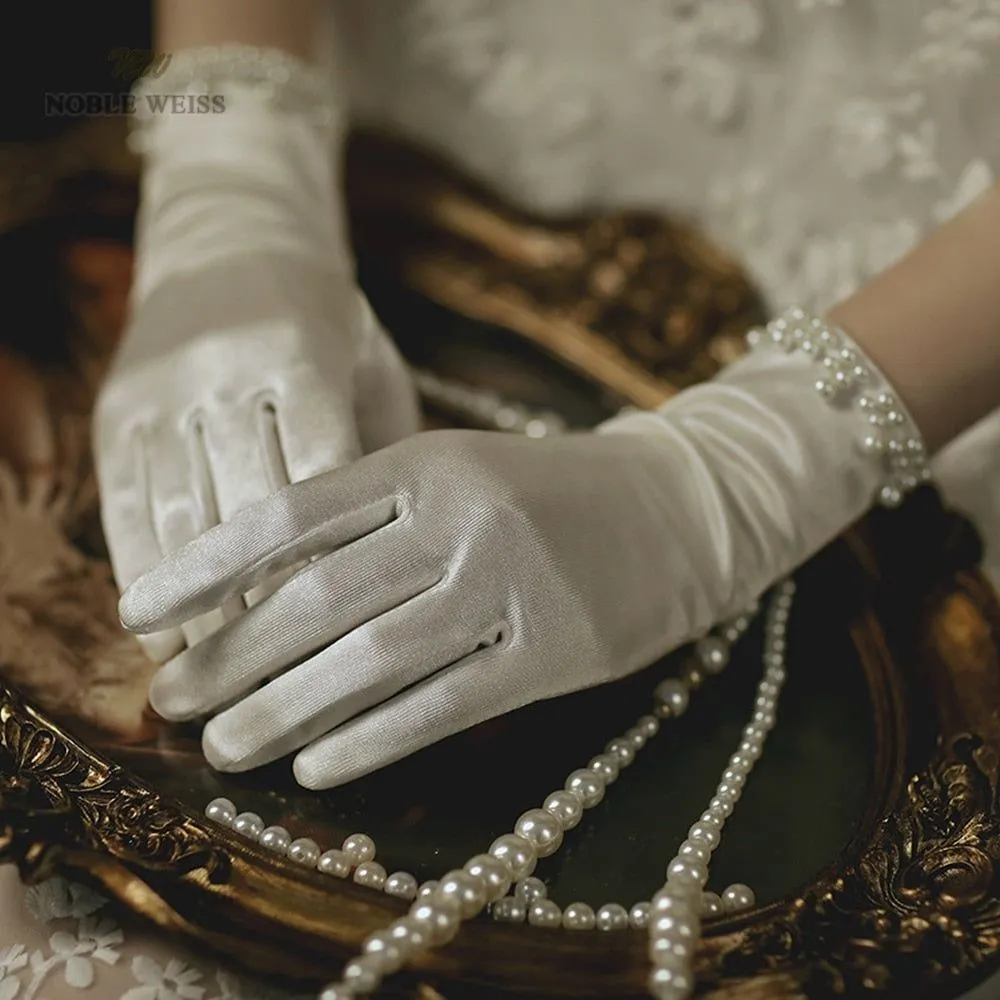 Elegant Satin Short Bridal Gloves Beaded Wedding Gloves