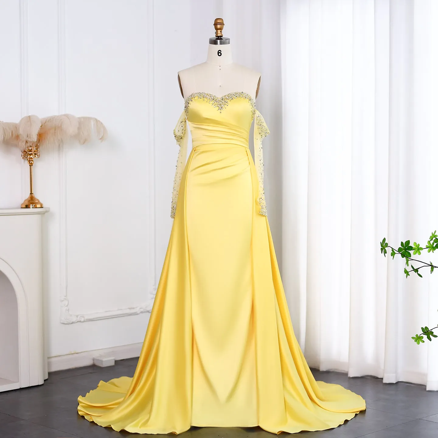 Elegant Sweetheart Yellow Evening Dress with Gloves SS586