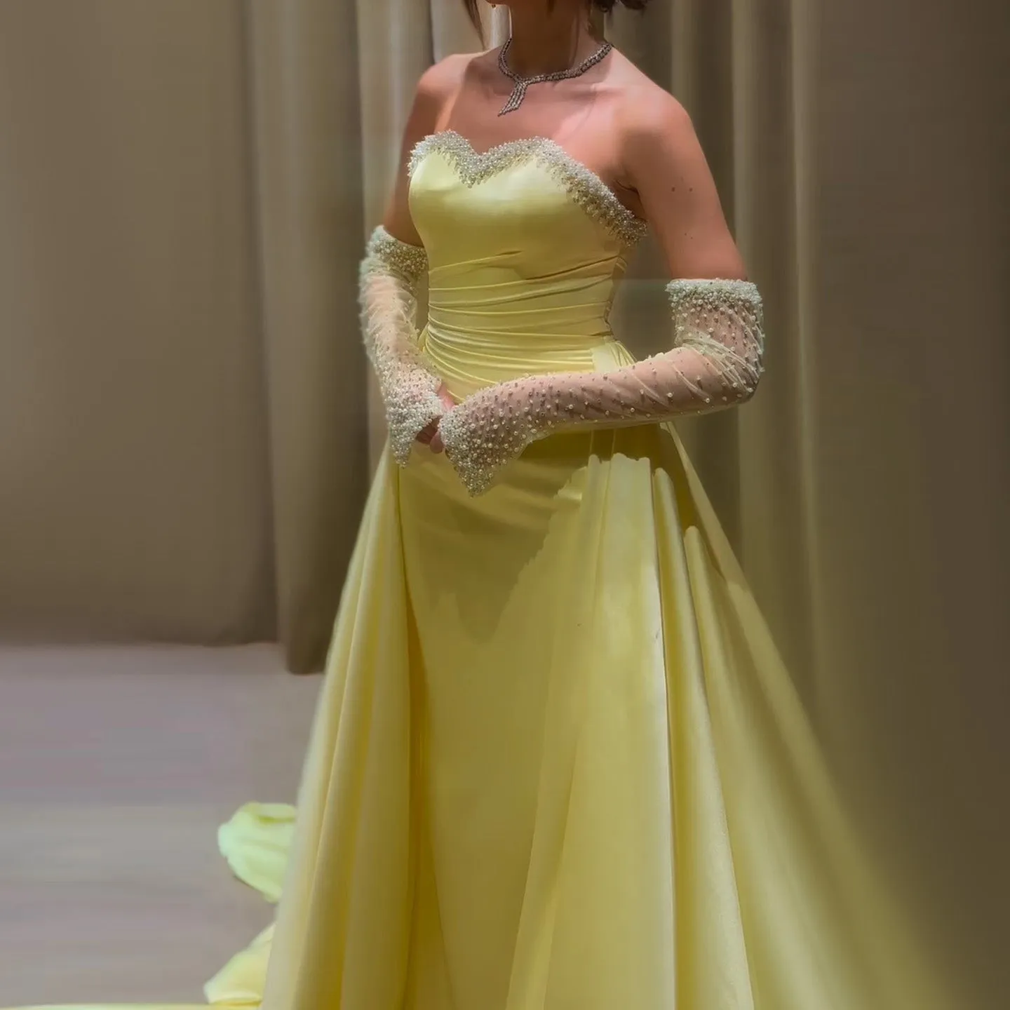 Elegant Sweetheart Yellow Evening Dress with Gloves SS586