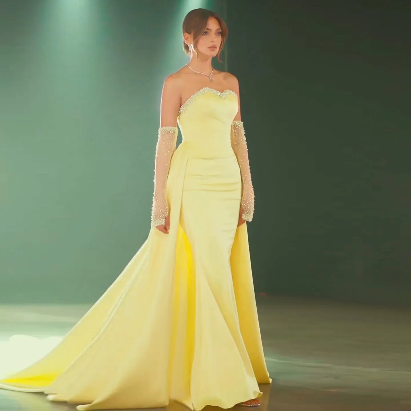 Elegant Sweetheart Yellow Evening Dress with Gloves SS586