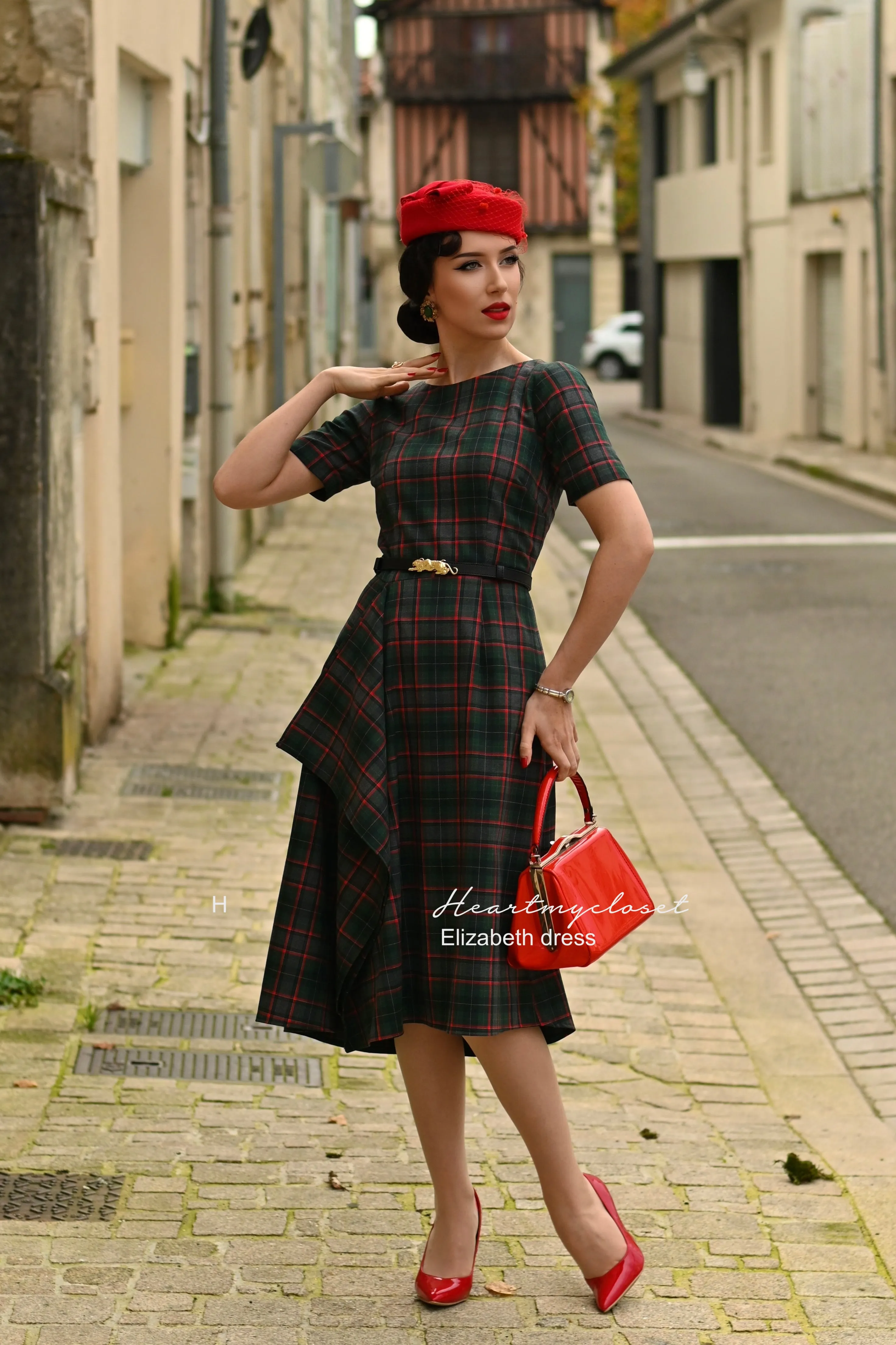 Elizabeth - wool blend plaid draped dress