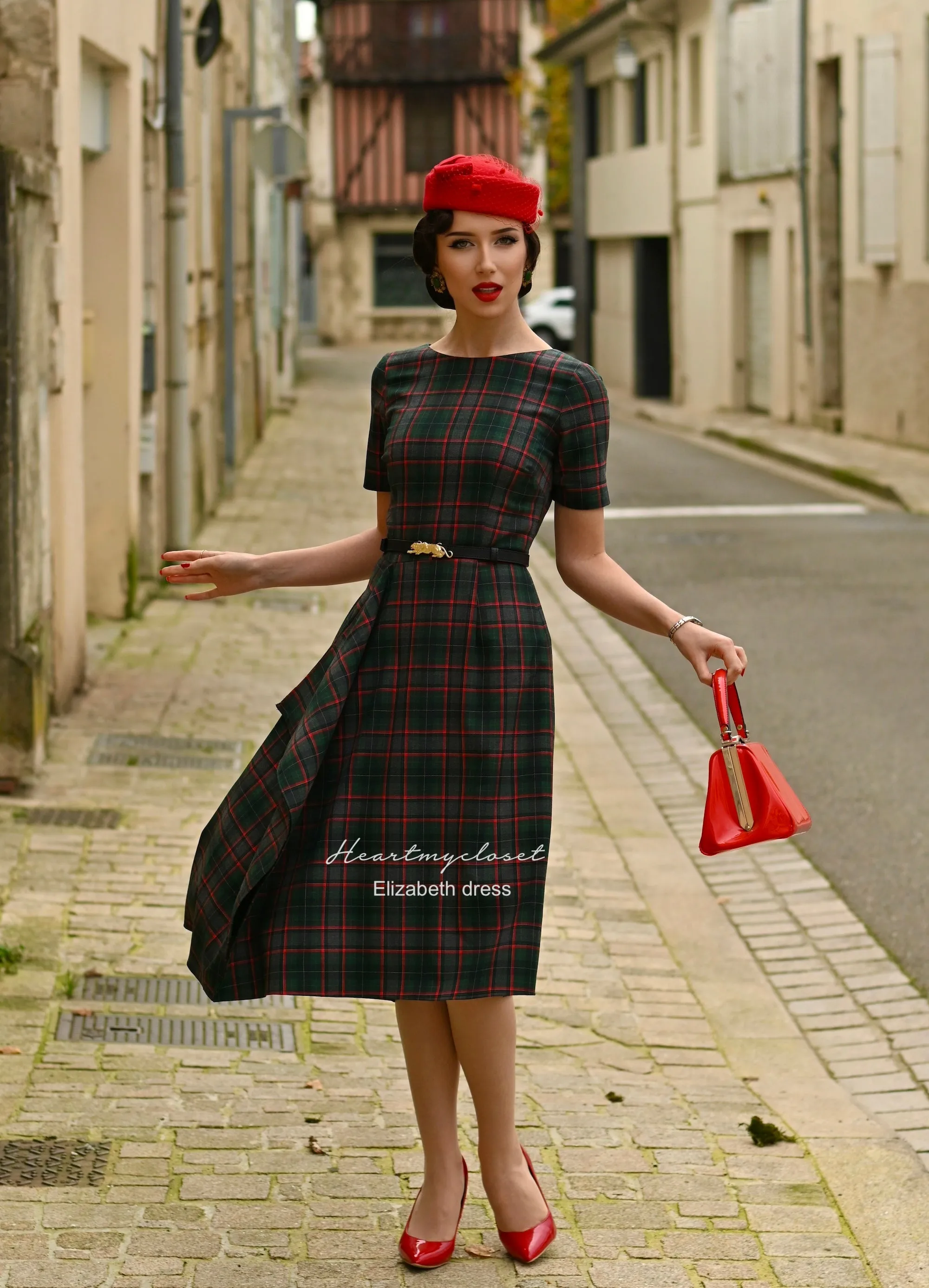 Elizabeth - wool blend plaid draped dress