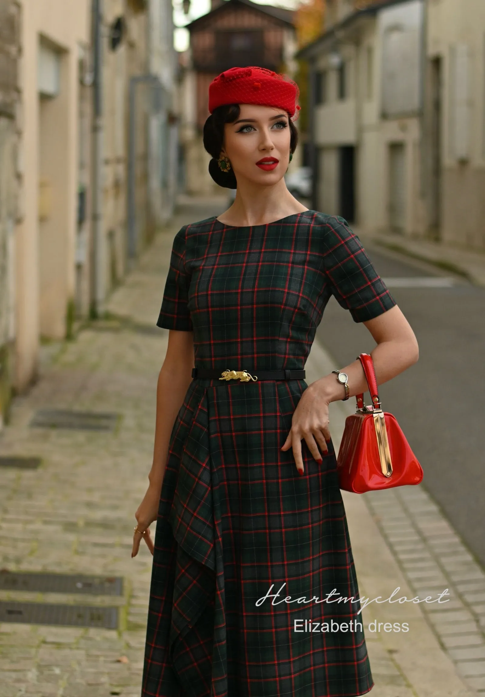 Elizabeth - wool blend plaid draped dress