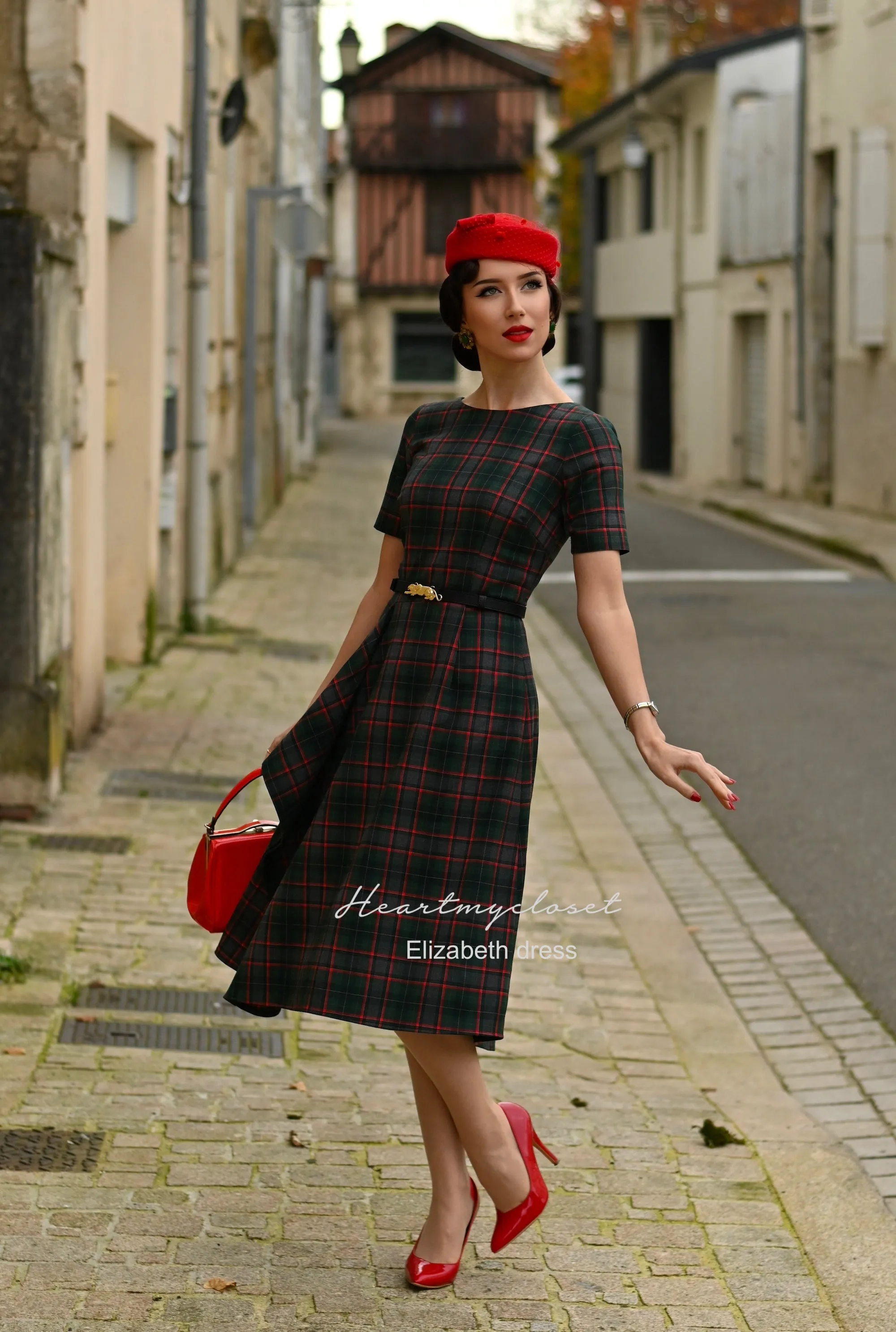 Elizabeth - wool blend plaid draped dress