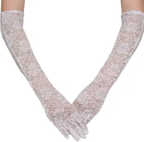 Fancydresswale Floral Lace Gloves for Wedding Opera Party Flapper Lace Gloves Stretchy Adult Size- White