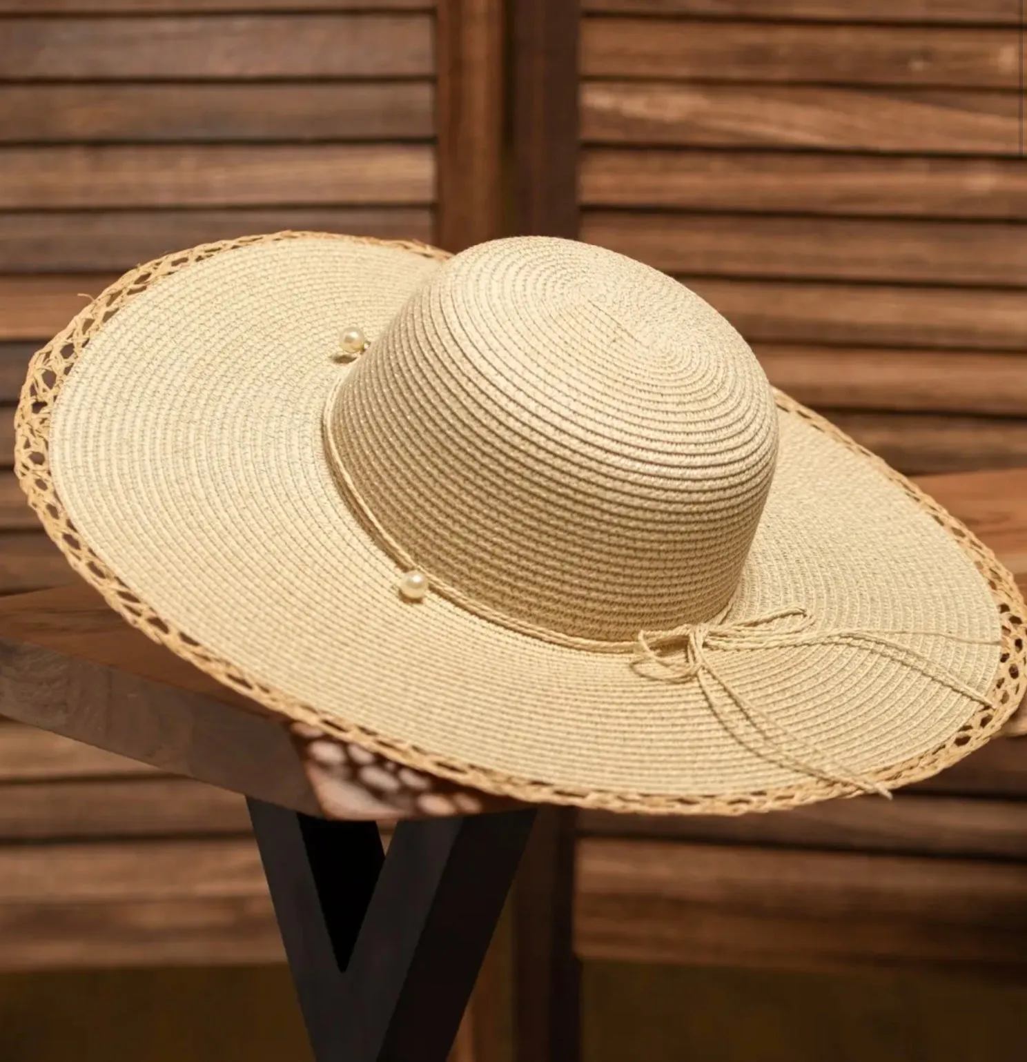 Floppy Straw Sun Hat With Pearl