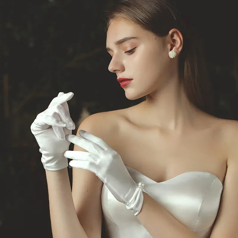 Flytonn-Pearl Wedding Gloves Elegant Vintage Bridal Wedding Dress White Short Gloves