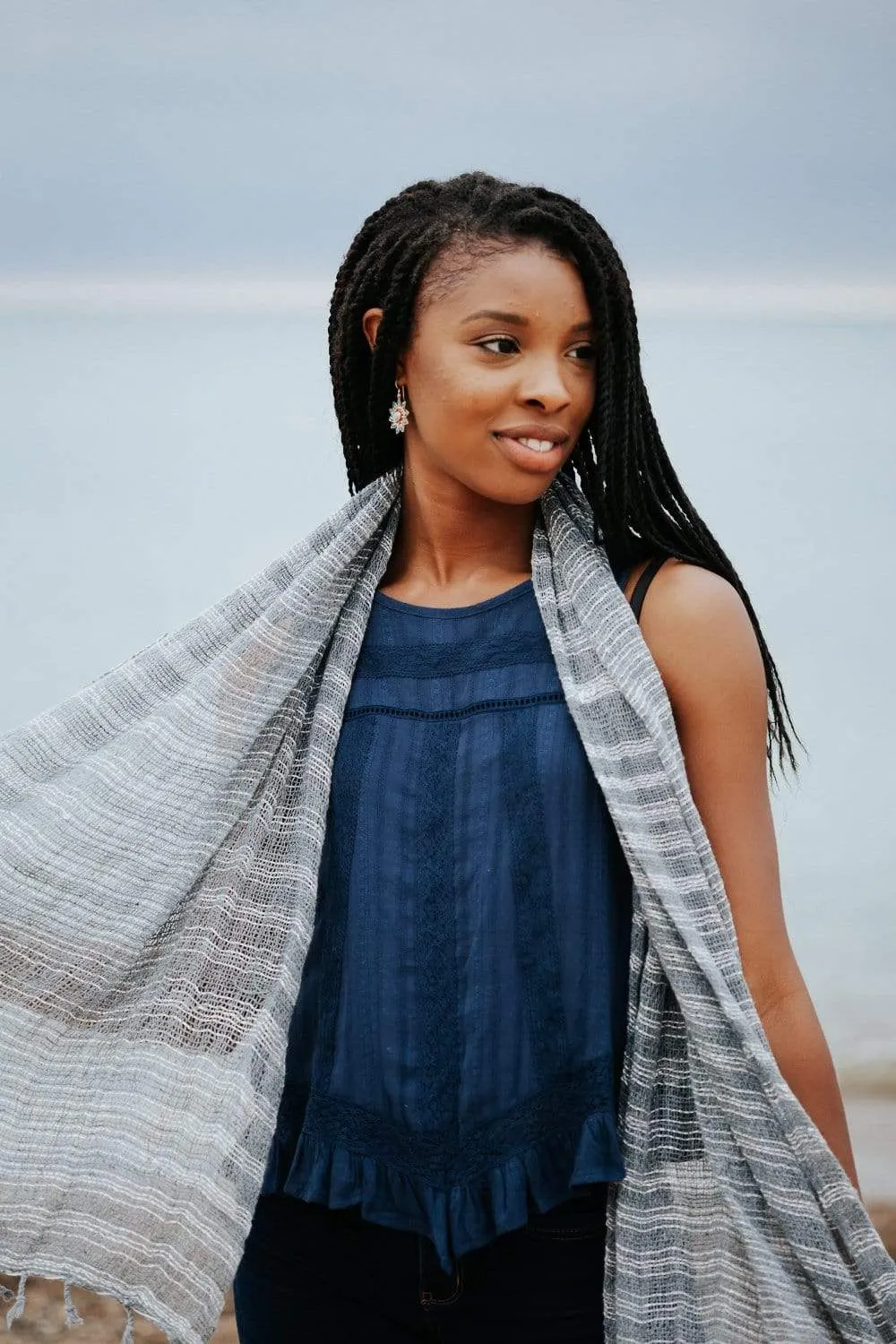 Gray Striped Cotton Scarf