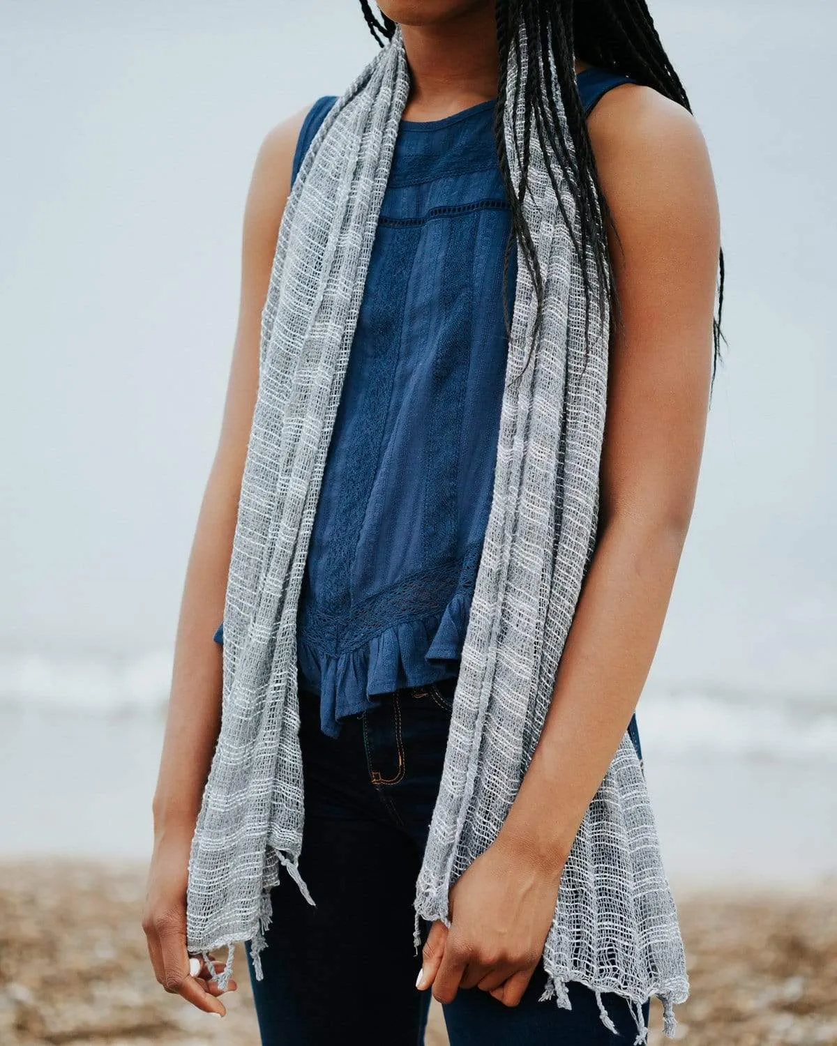 Gray Striped Cotton Scarf