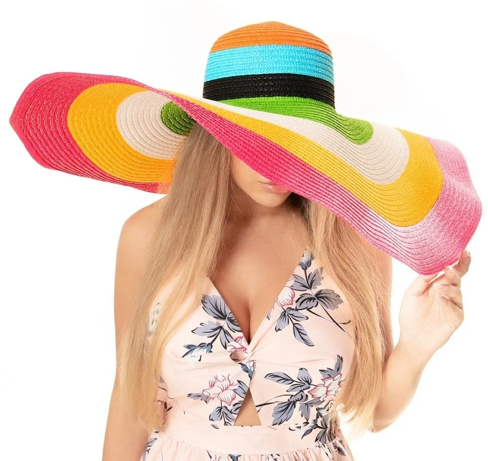 H3130 Rainbow Stripe Wide Brim Straw Beach Floppy Hat