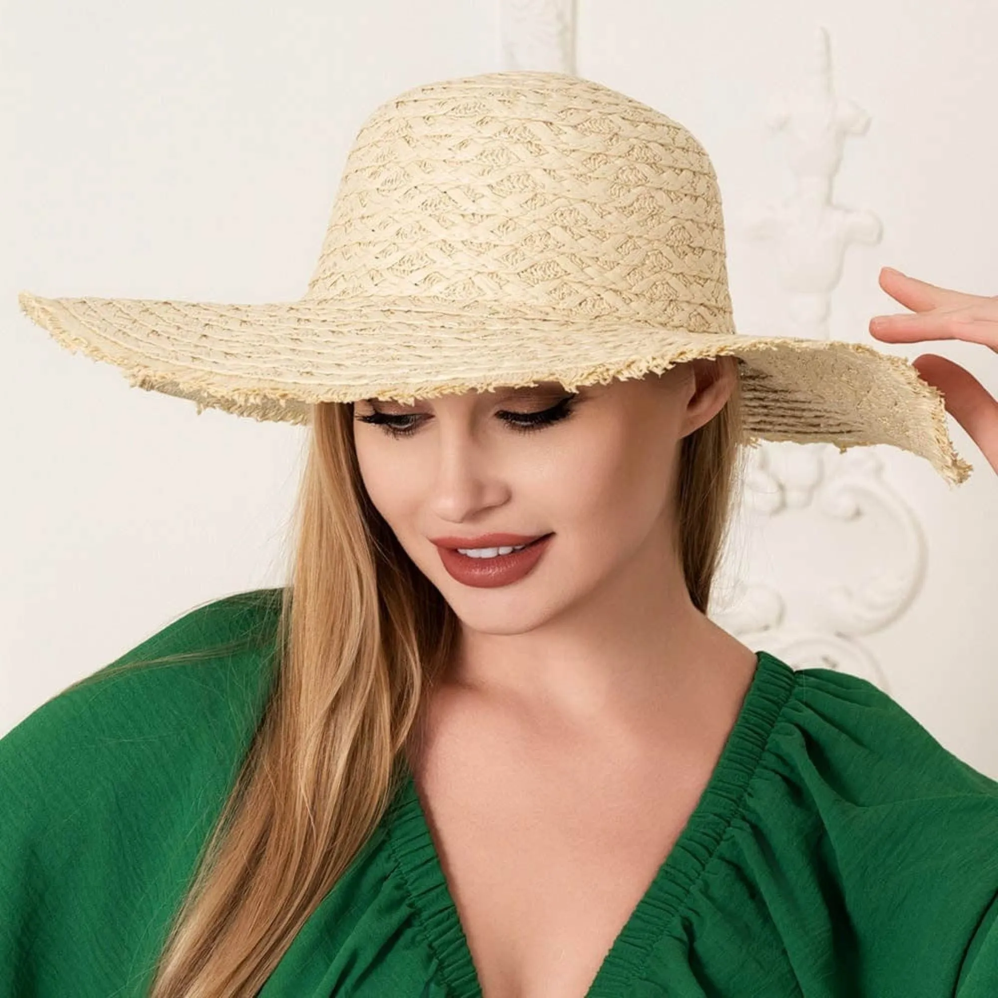 H3401 Kristen Frayed Edge Straw Floppy Hat