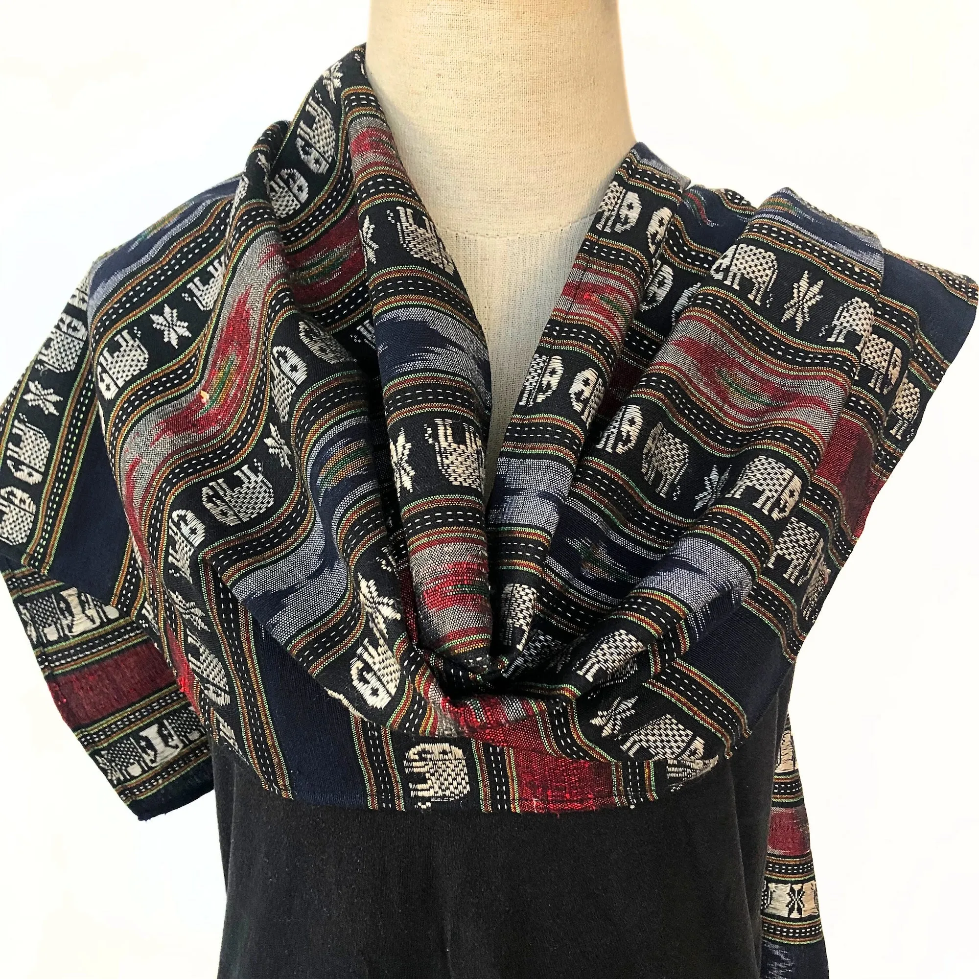 Hand woven cotton ikat scarf with elephant motif