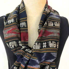 Hand woven cotton ikat scarf with elephant motif