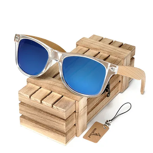 Handmade Polarized Sunglasses With Transparent Plastic Frame Colorful Lens And Bamboo Legs